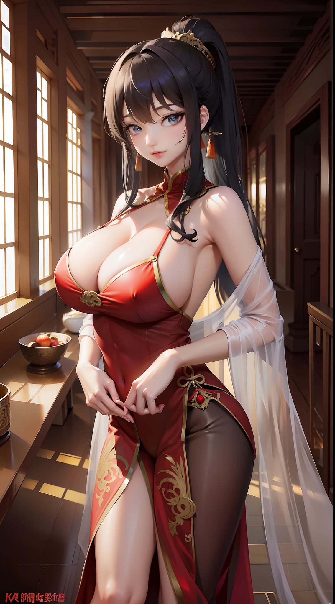 best quality, masterpiece, absurdres, low angle shot, Chinese fantasy, ancient Chinese mythology, 1girl, solo, eye candy, perfect female anatomy, super beautiful, elegant, sexy, detailed beautiful face, smooth skin, nice figure, nice proportions, sexy stunning body, detailed eyes, fine details, big boobs, cleavage, seductive, bare shoulders, long ponytail, bangs, sensual, attractive, wearing a luxurious sheer halter neck vibrant color party dress, deep plunging, translucent robes, jewelry, reflections, ultra fine details, , indoors, grand hall, luxurious, expensive, royalty, queen, figure in frame, cinematic