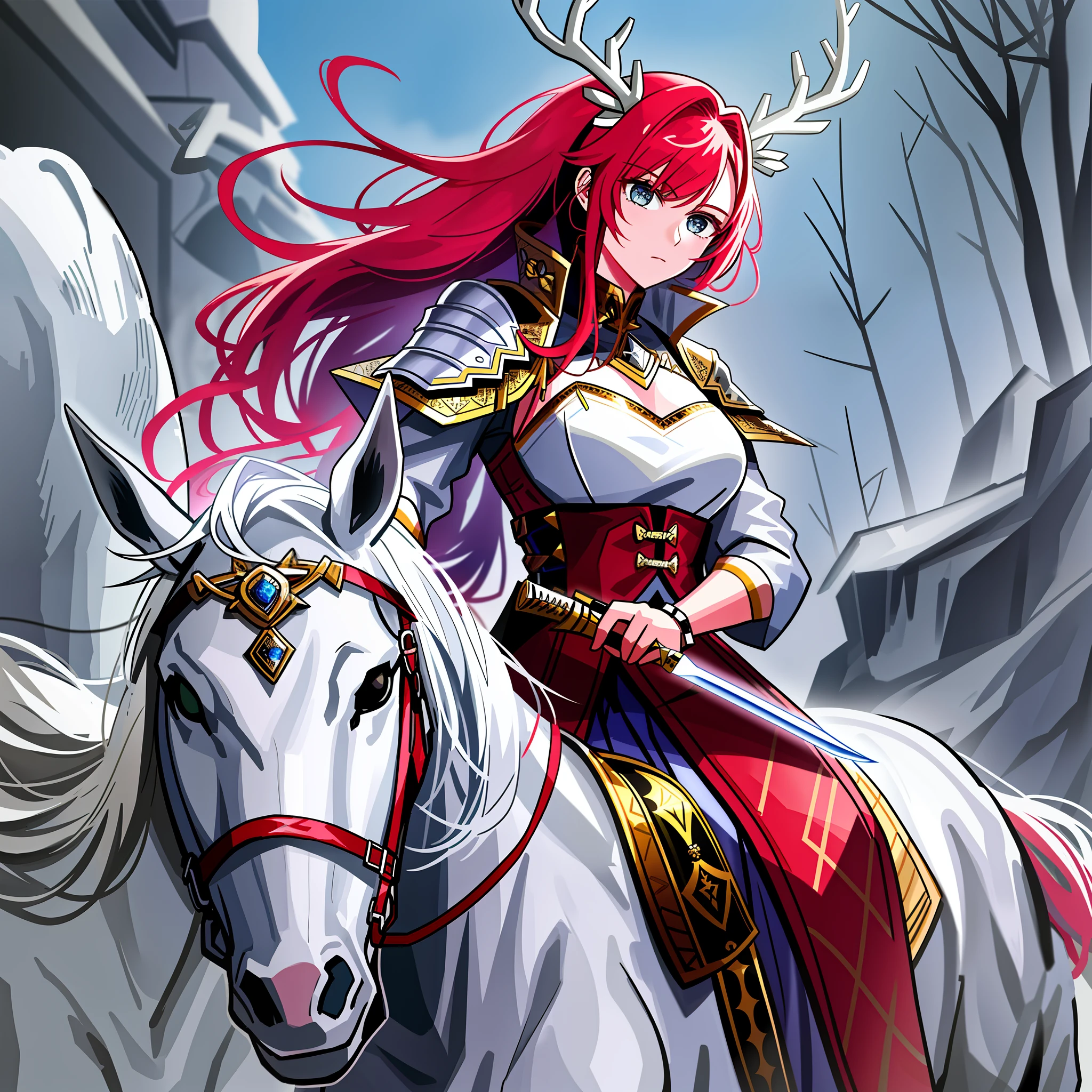 The girl rode a white horse, wearing silver armor, holding a green dragon moon knife, she had red hair, amber eyes, and a pair of antlers on her head, and she was a general who led the battle