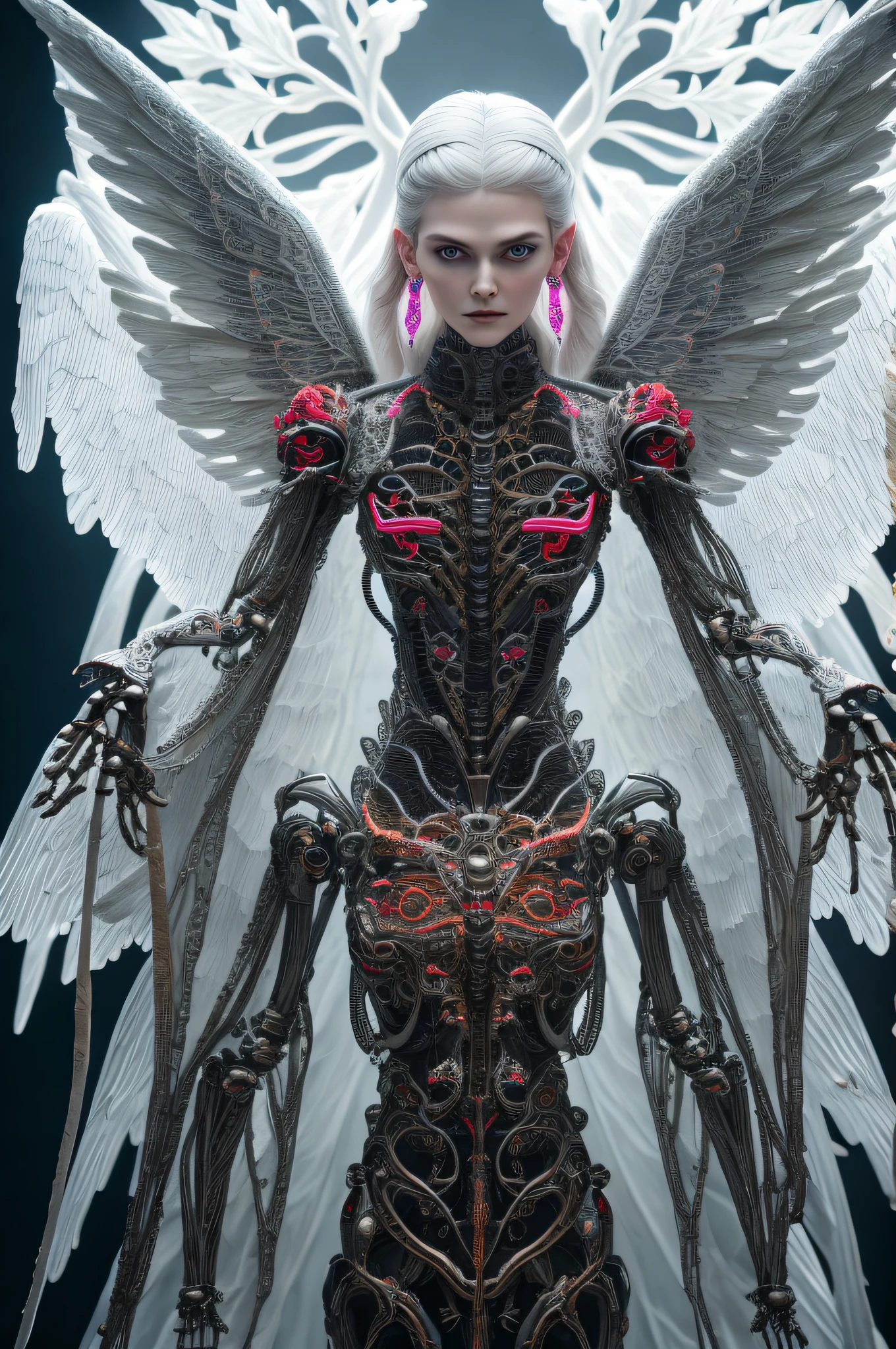 Intricate 3d rendering ultra-detailed beautiful angel of death, biomechanical robot, simulated 150mm lens, beautiful natural soft edge light, neon veins, roots, delicate leaf lace, colorful details, Boris Bidjan Saberi costume, pearl earrings, piercings, art nouveau fashion embroidery, intricate details, mesh lines, Mandelbrot fractals, facial muscles, cables, microchips, villains, surreal, ultra-detailed, octane, volumetric lighting, 8k and post-production, red The white has a little bit of black, Metal Skeleton Details, Half-Human, Iridescent, Glenn Brown Style, Futuristic Room, Power of God, High Angle Shot, Complex Body Poses