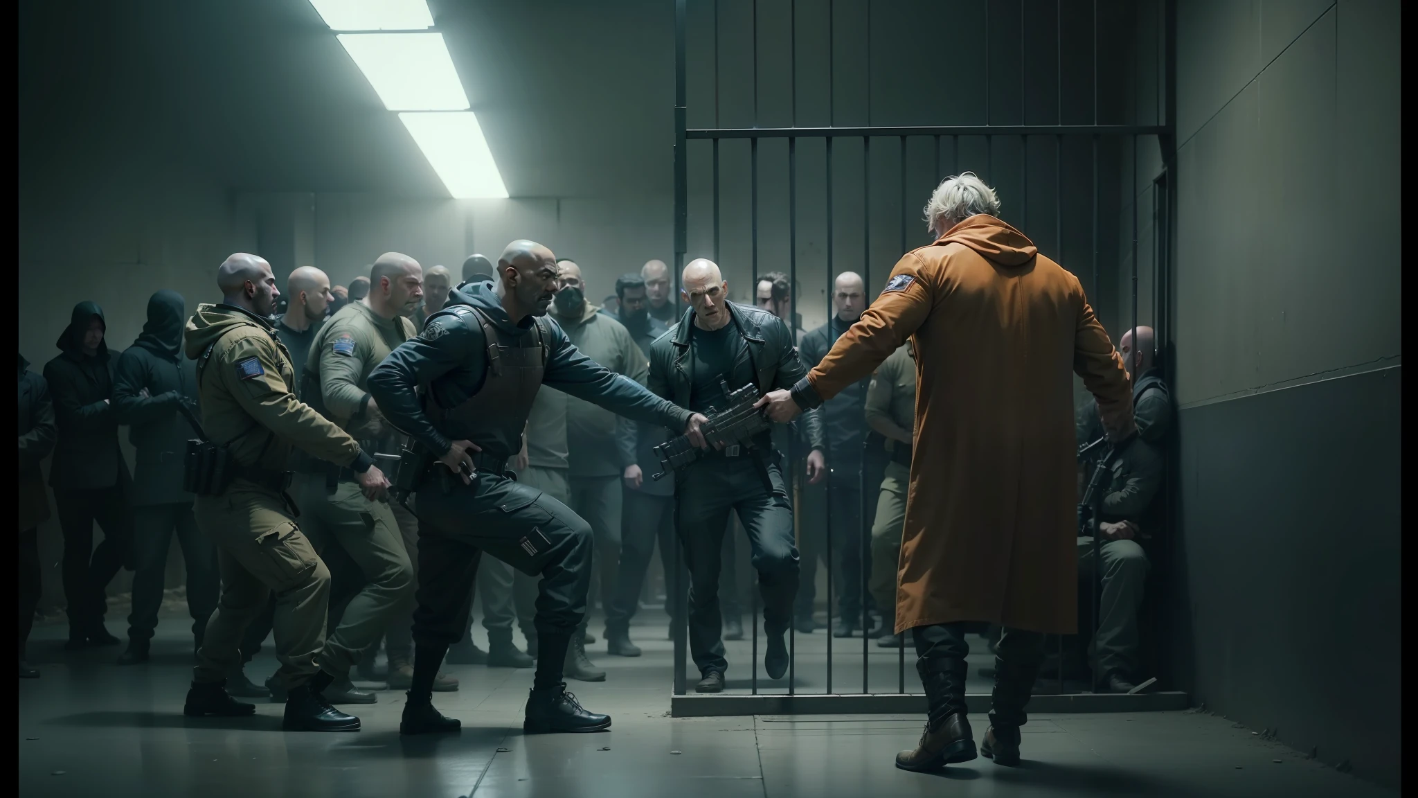 man with gun in orange jacket standing in front of group of men in prison, by roger deakins, still from marvel movie, prison scene, cinematic style by zack snyder, still from voldemort movie, screenshot from 300 movie, film still from the cyborg, still from the matrix --auto --s2
