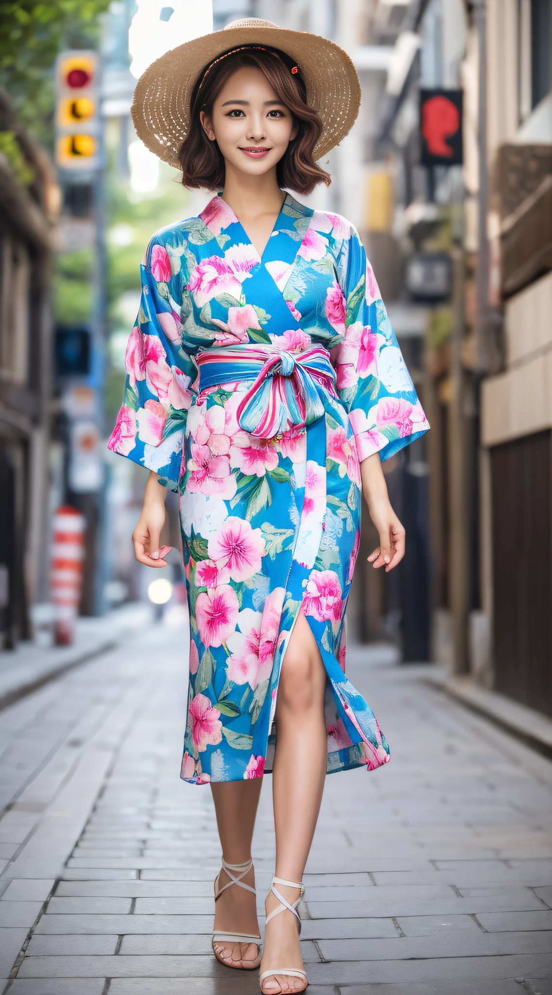 ((Best Quality, 8k, Masterpiece: 1.3)), 1 Girl, Smile, Full Body, Slim Face, Pretty Woman, One Leg Standing, (Free hair color), Free Color yukata Dresses: 1.1, Zori, Ultra Detailed Face, Fine Eyes, Double Eyelids, Blurred Background, Slim Face, City, Outside, Street