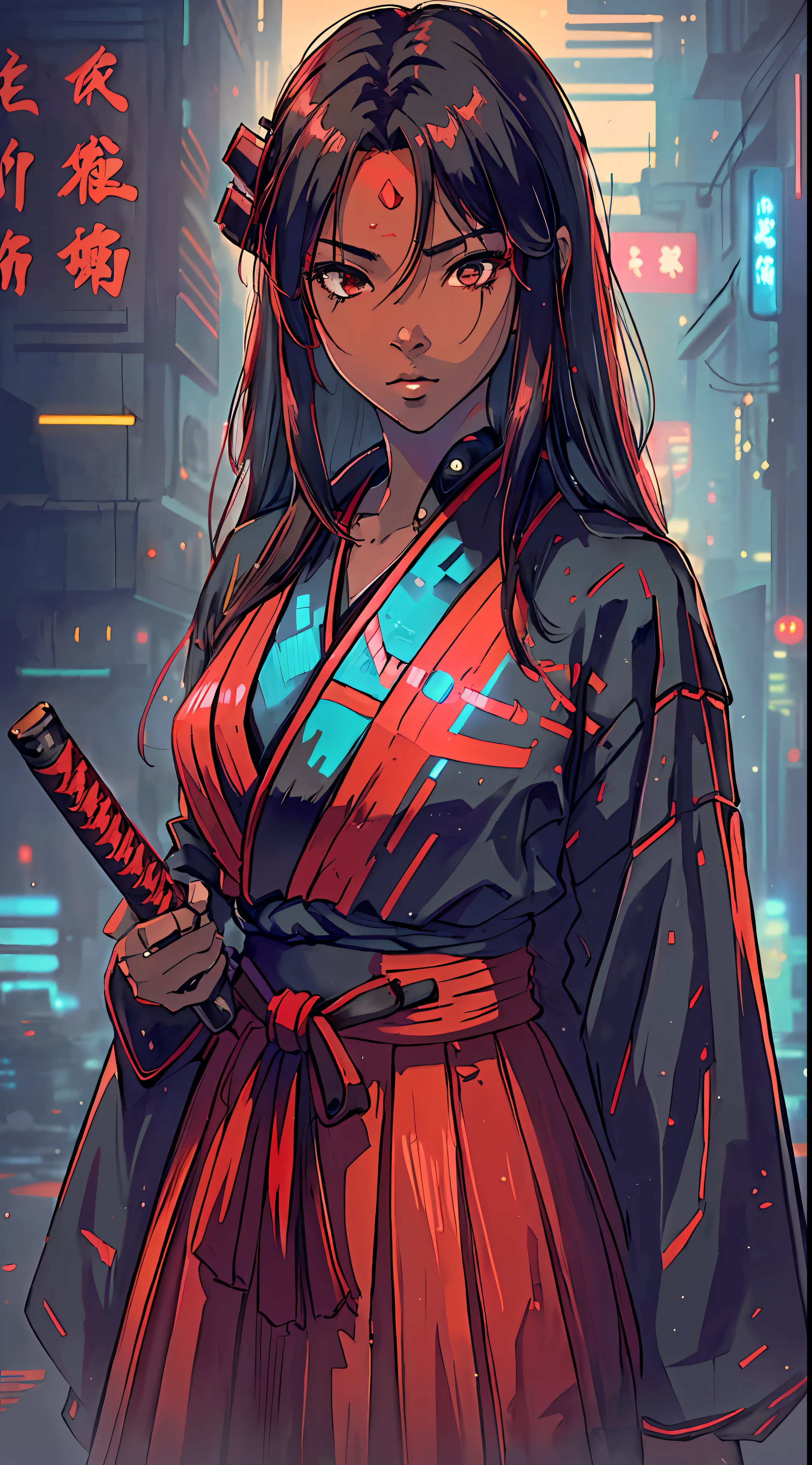 (a girl in focus:1.2),(dark skin:1.1),(long hair:1.1),(katana in the hem),wearing (long-sleeved haori and hakama:1.2),(red color:1.1),in a (cyberpunk environment on the ground:1.3),(super realistic details:1.2) standing, portrait