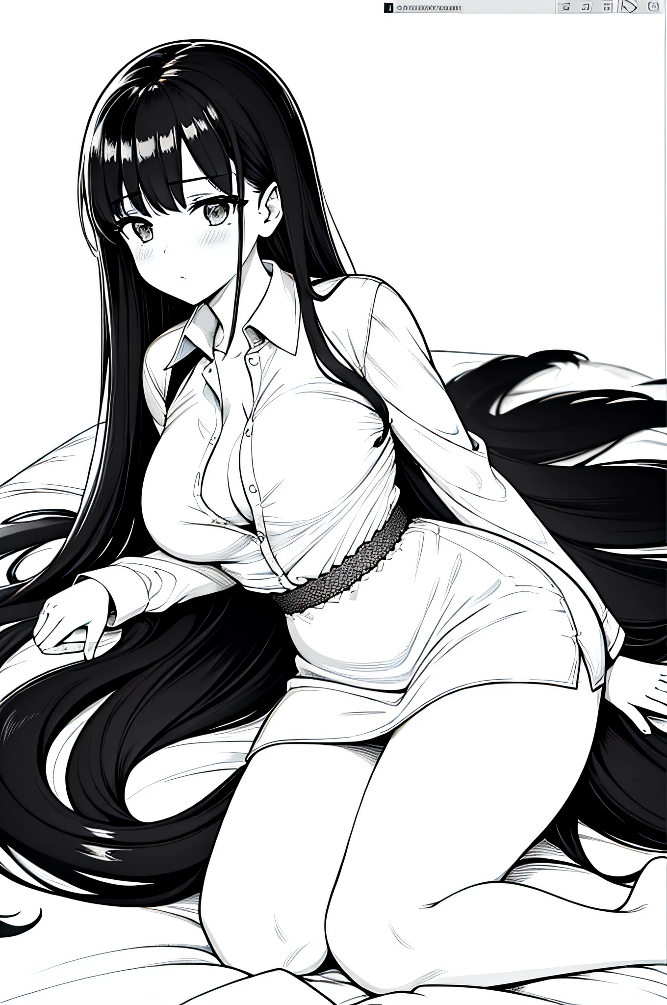 Masterpiece, best quality, (detailed background), high contrast, 1 girl, full body, (white background: 1.5), clean line drawings, black hair, open shirt, very long hair in bed, best quality, blush, roll your eyes, look at the audience, teacher, big seduction, busty body, 8K, open chest dress sexy