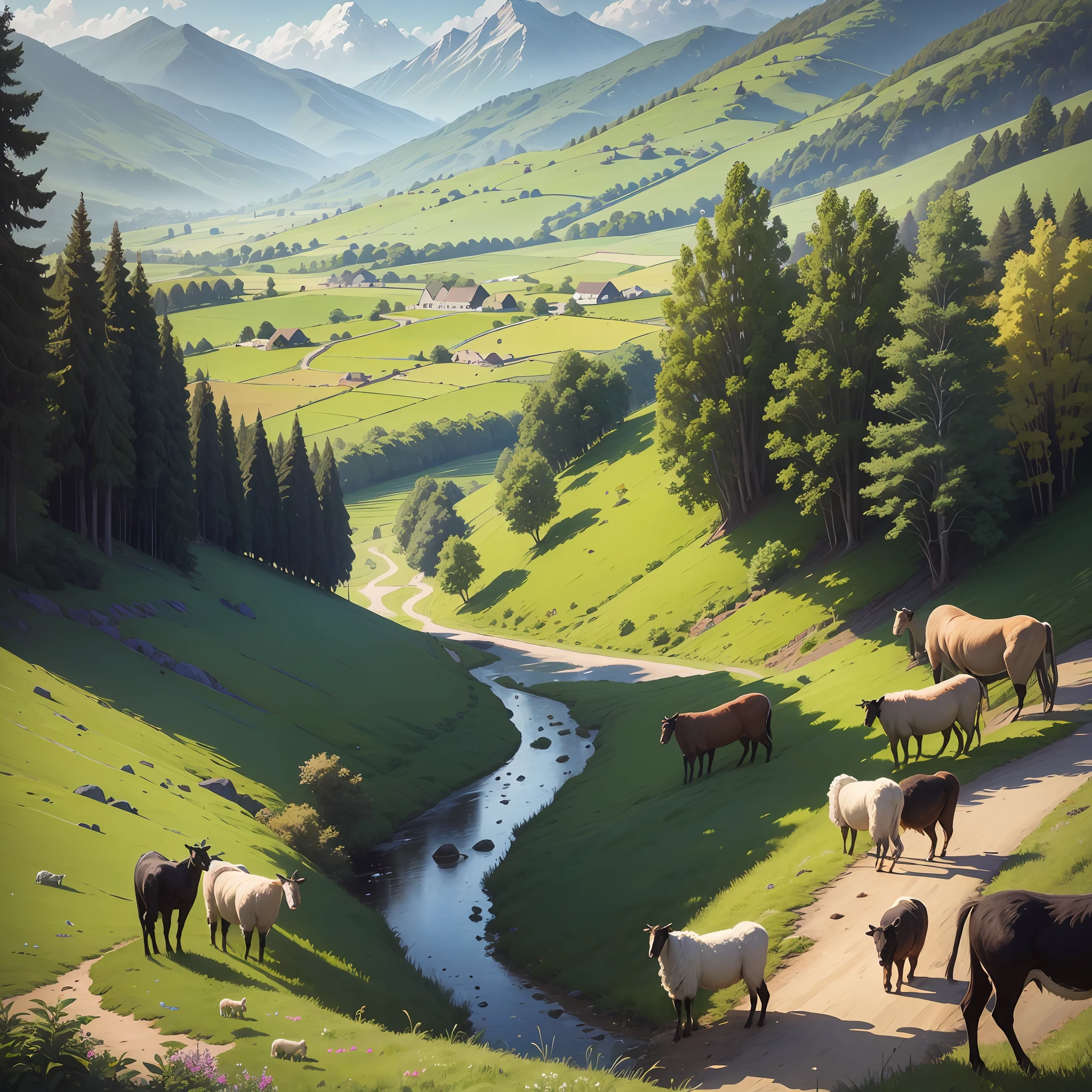 The masterpiece in question is a magnificent representation of country life, masterfully captured by the talented artists Ceferí Olivé, Willian Murai, Felipe Seade and Jacob Steinhardt. The combination of his artistic skills results in a captivating and engaging image. The landscape around the animals is also worth mentioning, with the lush pastures and farmland stretching to the horizon. The choice of vibrant colors and meticulous attention to detail in the vegetation bring the scene to life, transporting the viewer to a picturesque rural setting. The interaction between the flocks of sheep, cows and goats brings movement and dynamism to the work --auto --s2