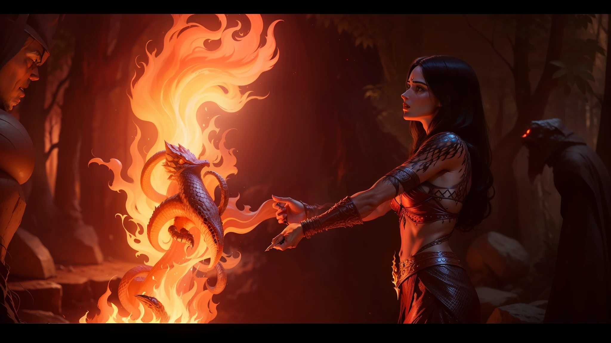araffes in a shiny dress holding a burning object in front of a fire, evil fire sorceress in the woods, salma hayek as a sorceress, hot reptile humanoid woman, in the movie lifeforce (1985), the sorceress casting a fireball, film still from god of war, still from a fantasy movie --auto --s2
