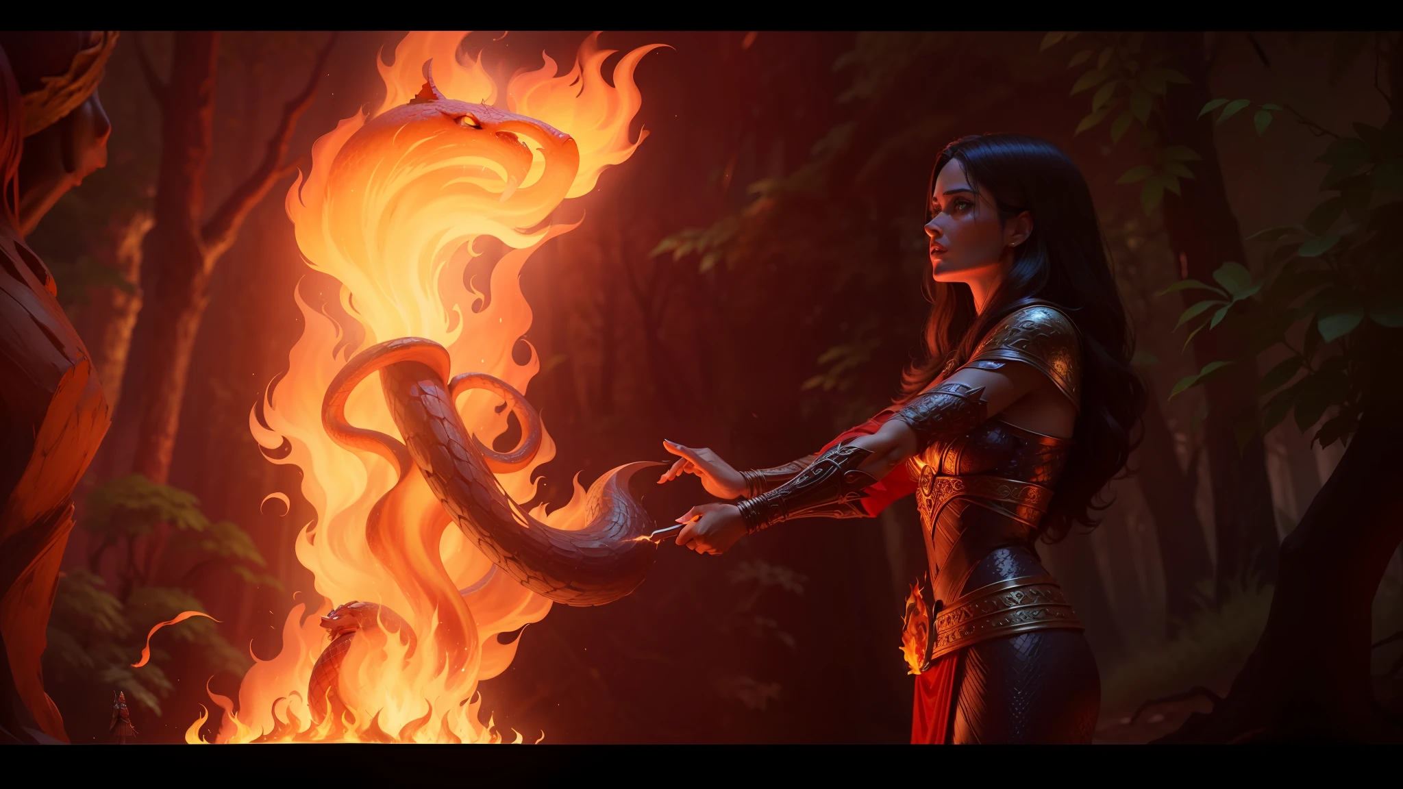 araffes in a shiny dress holding a burning object in front of a fire, evil fire sorceress in the woods, salma hayek as a sorceress, hot reptile humanoid woman, in the movie lifeforce (1985), the sorceress casting a fireball, film still from god of war, still from a fantasy movie --auto --s2