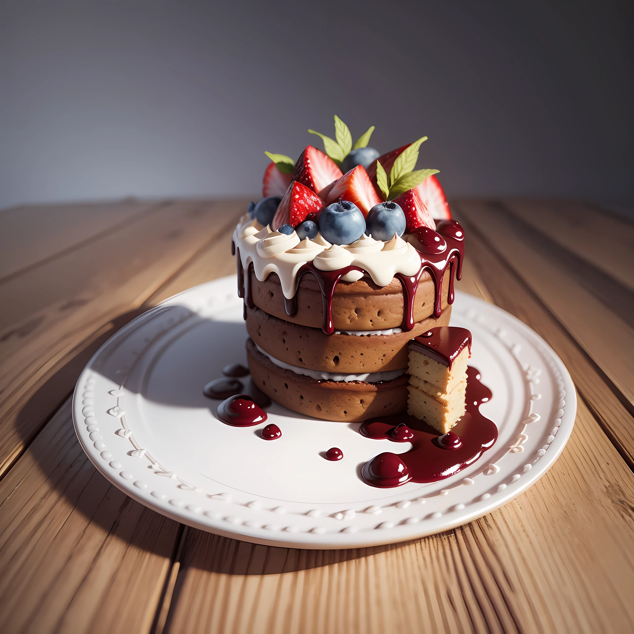 plano visual longe há um bolo com morangos em cima dele em uma mesa, renderizado em Povray, renderizado em V-ray, 4K Polymer Clay Food Photography, Hyper Realistic Detailed Render, Amazing Food Photography, Highly Detailed Render, High-Quality Render, High Quality Photography Food, Super Detailed Render, Render in Vray, Daily Render, Highly Detailed Composition, Cake Art --auto --s2