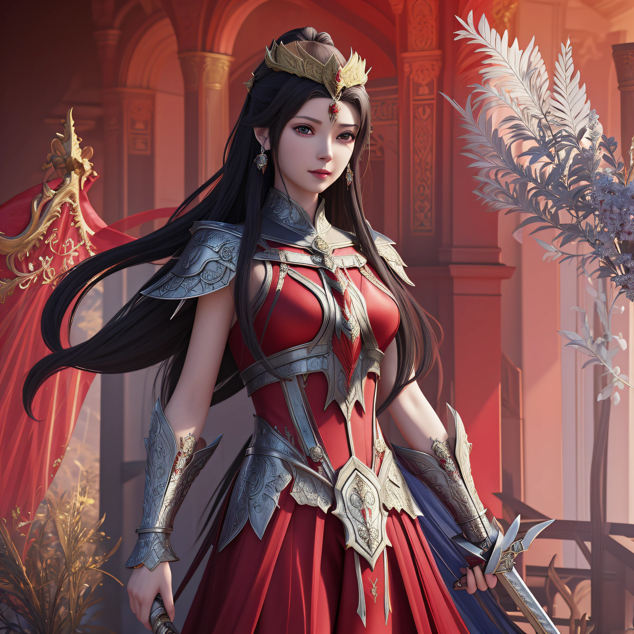 there is a woman in a red dress holding a sword, lady in red armor, 4k fantasy art, 2. 5 d cgi anime fantasy artwork, beautiful fantasy art, epic fantasy digital art style, epic fantasy art style hd, digital fantasy art ), amazing fantasy art, high quality fantasy art, beautiful female warrior, detailed fantasy digital art, fantasy paladin woman
