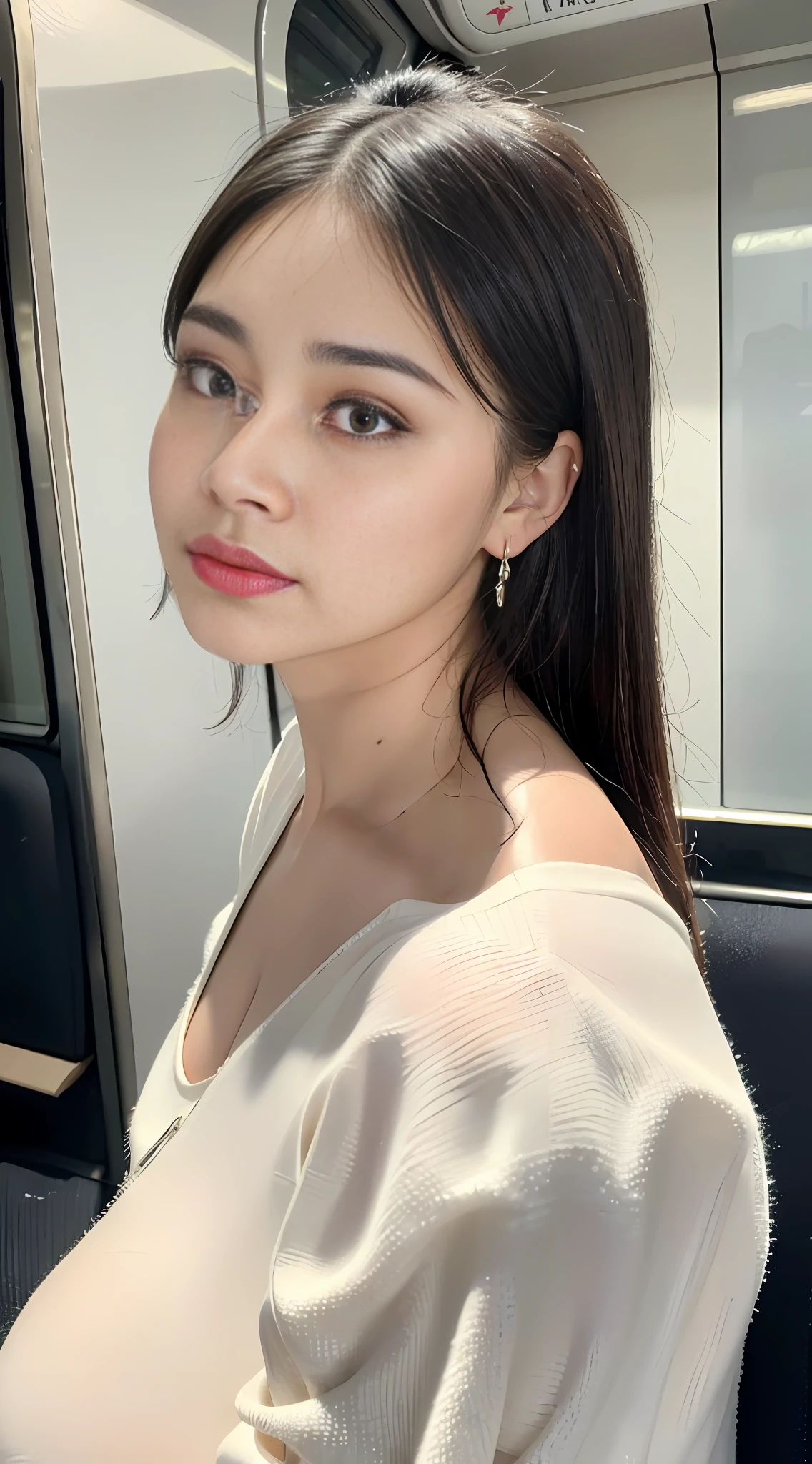 ((Best Quality, 8K, Masterpiece: 1.3)), Ultra Giga Breast: 1.9, Dame, Thick Flat Eyebrows, Cheeks, Crying, Precision Earrings, Coordination Like a, On the Train, 23:00, Sushi Restaurant Itamae