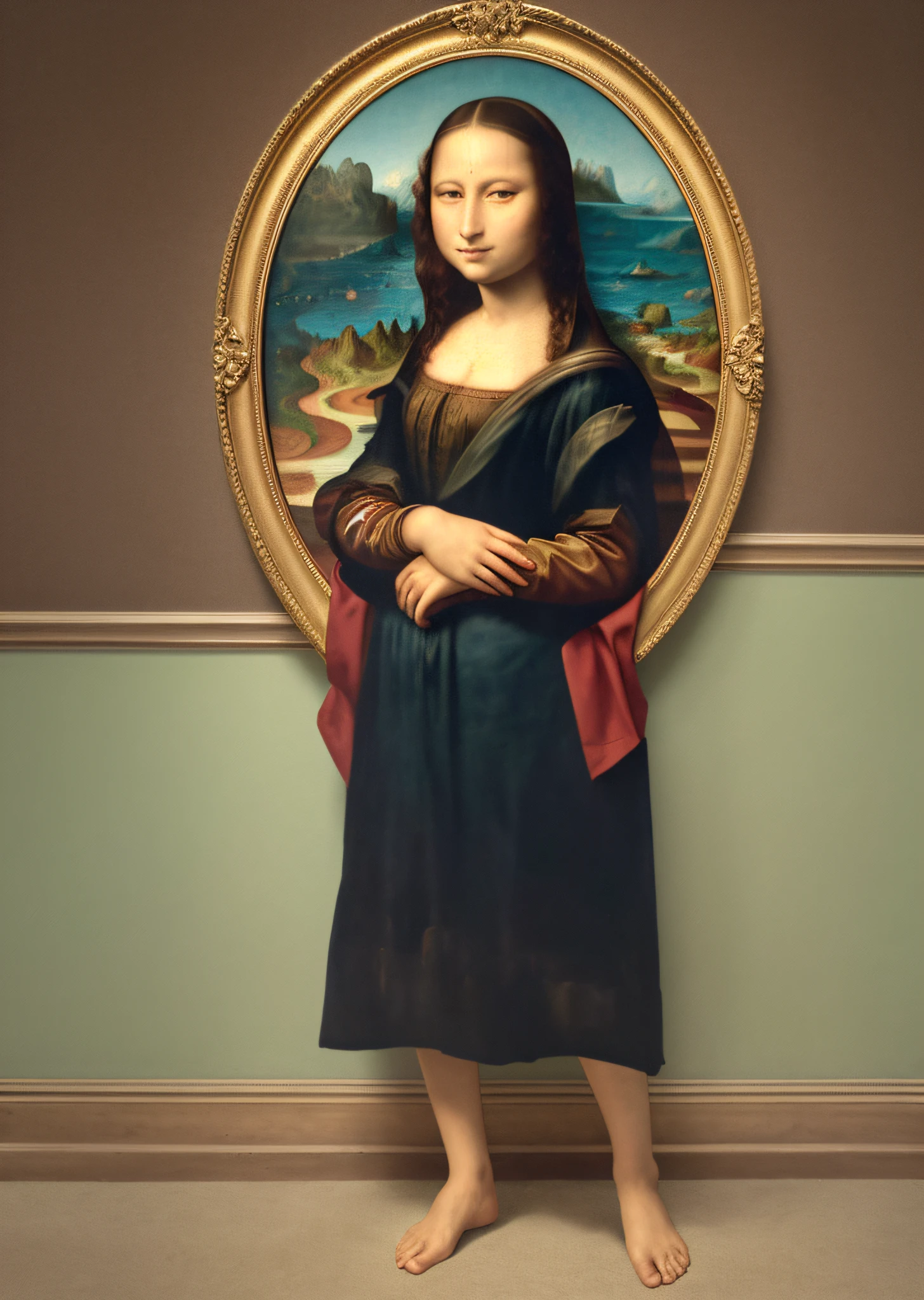 Mona Lisa dressed in casual clothes, gentle expression, full body portrait, barefoot catwalk, masterpiece, highest quality, high quality, highly detailed CG unit 8k wallpaper, award winning photo, bokeh, depth of field, HDR, flood, chromatic aberration, realistic, very detailed, art station trend, CGsociety trend, complex, high detail, dramatic, midway art, volumetric lighting