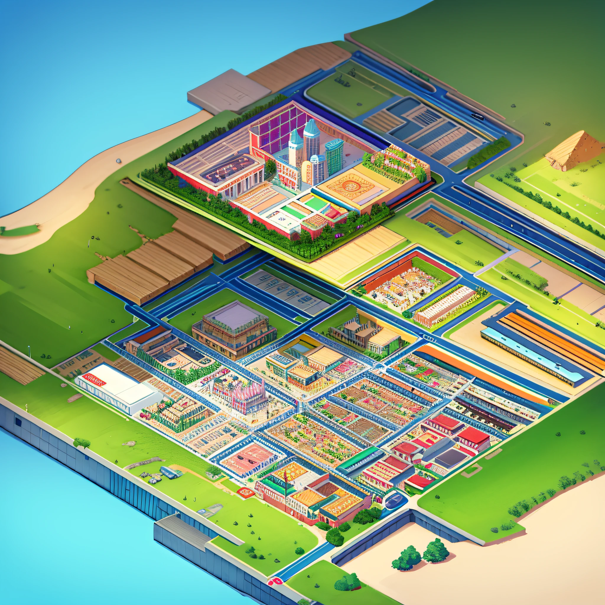 city map isometric view, with 3 diferent places