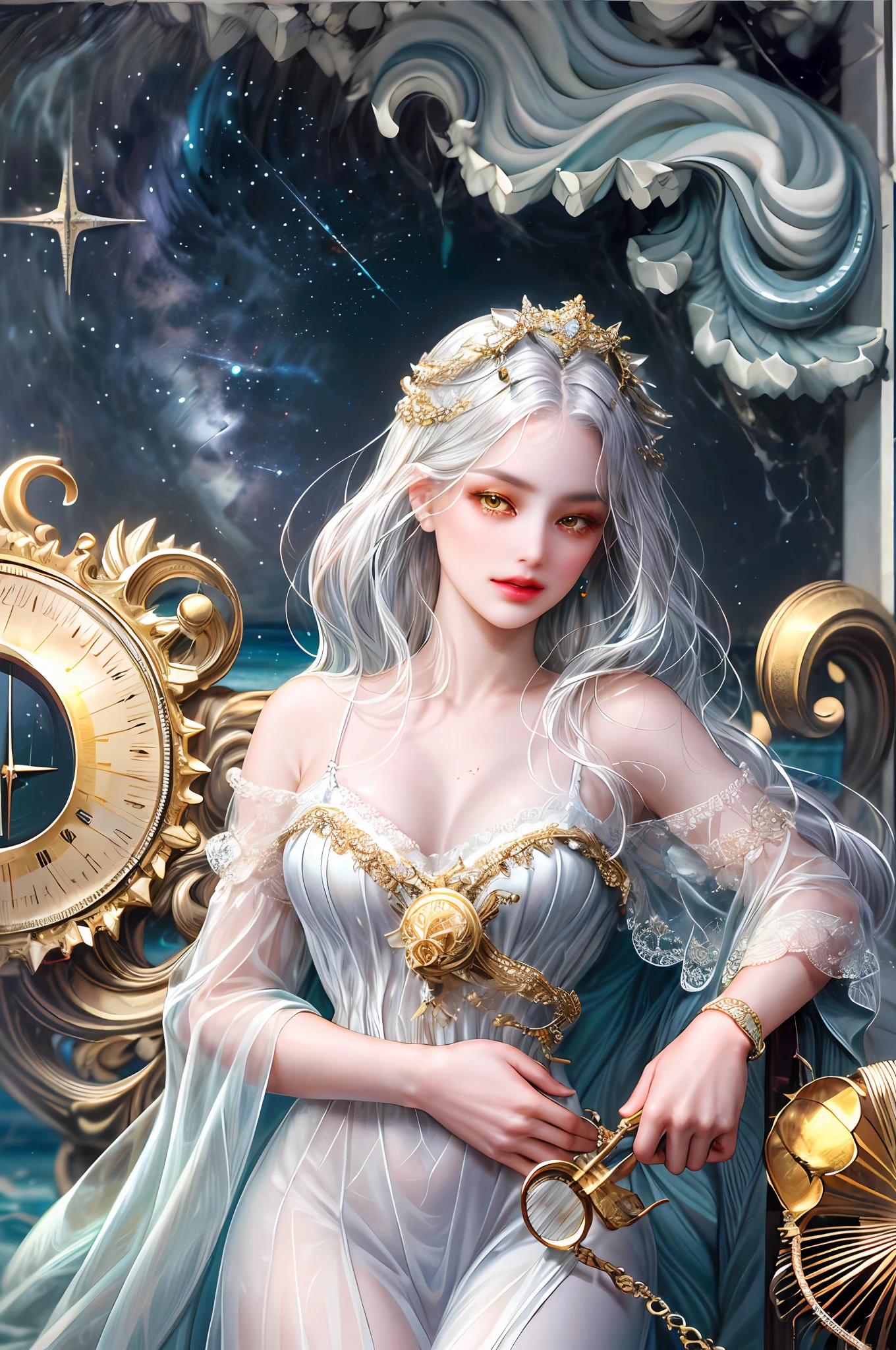 ( High quality , ultra detailed, careful with hand )Zodiac - Libra goddess , similar to latin goodness . Fair, wise, helpful, friendly face . Superficial, indifferent, vain, love of convenience style ,  yellow eyes(eyes detail), dark white hair , transparent dress , in the ocean with balance scales , whole body , charming make up look ,