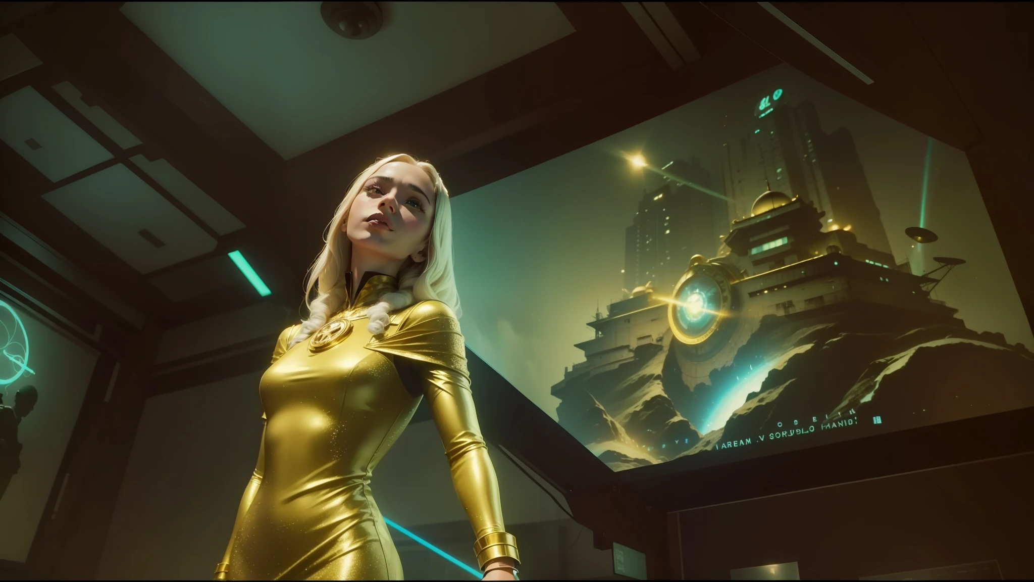 arafed woman in a gold dress standing in front of a tv, movie still of the alien girl, still of rainbow ophanim, still from a music video, movie screenshot, film still from god of war, movie filmstill, cinematic still frame, a still of kowloon, 8 mm film still, 1 3 mm film color grading --auto --s2