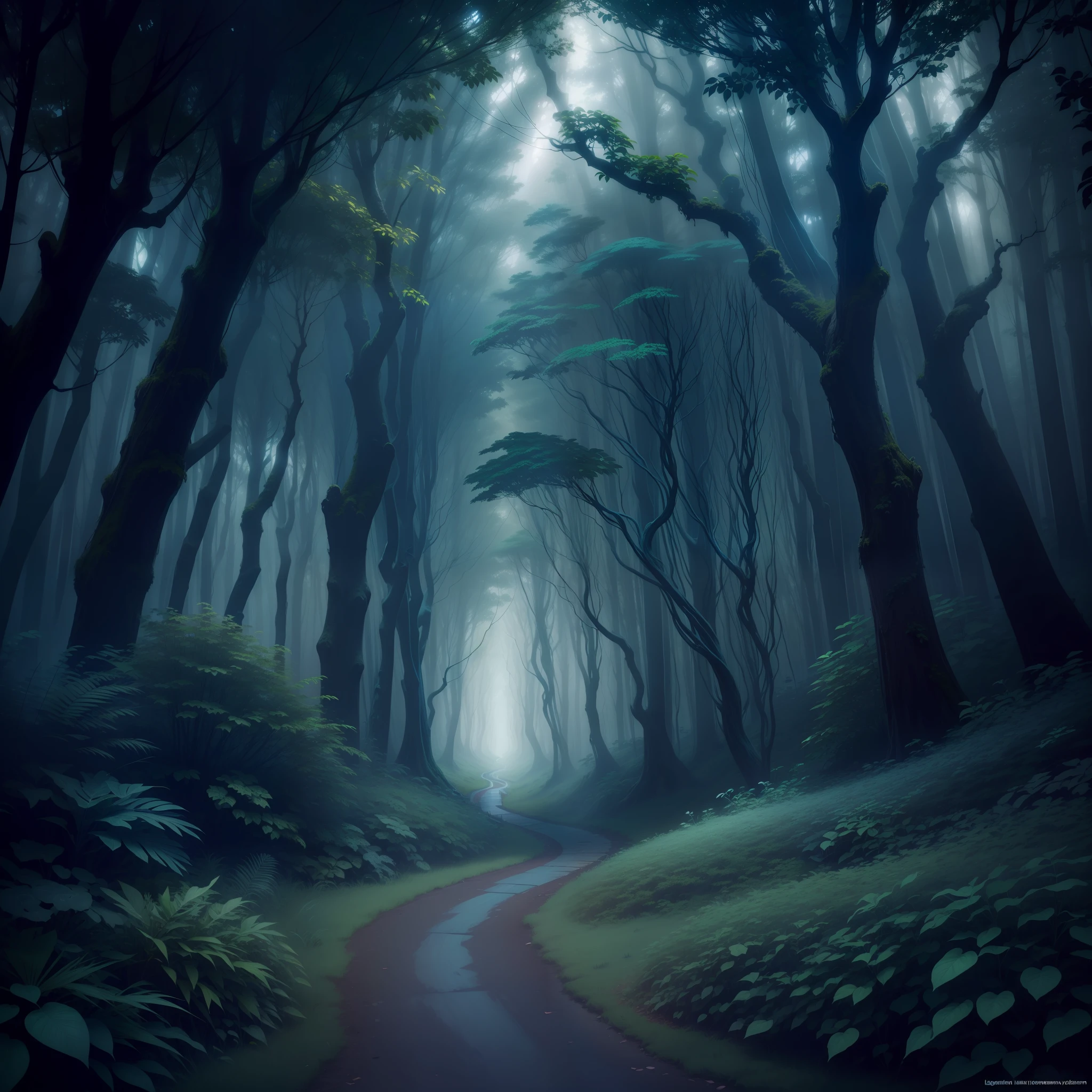 illuminated tunnel of fog in 3 colors, lead gray, blue and fluorescent light green in the middle of a forest with lush fauna and flora, enchanted, exotic, otherworldly scenery.