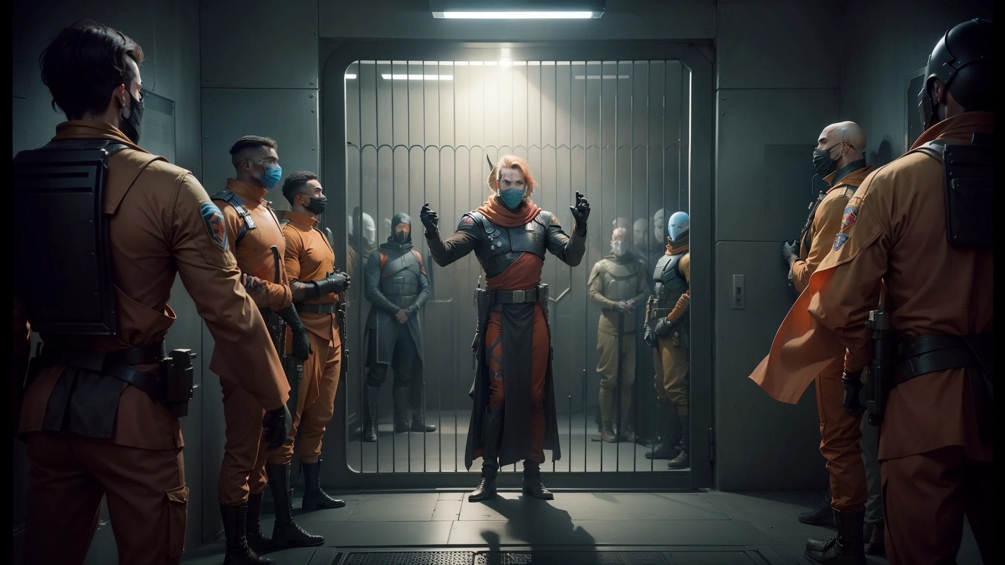 there are many people in orange uniforms standing in a jail cell, screenshot from morbius (2022), film still from movie dune-2021, promotional images, scene from dune 2 0 2 1 movie, still from marvel movie, baraka, from netflix's arcane, still from movie dune, film still from dune 2020 --auto --s2