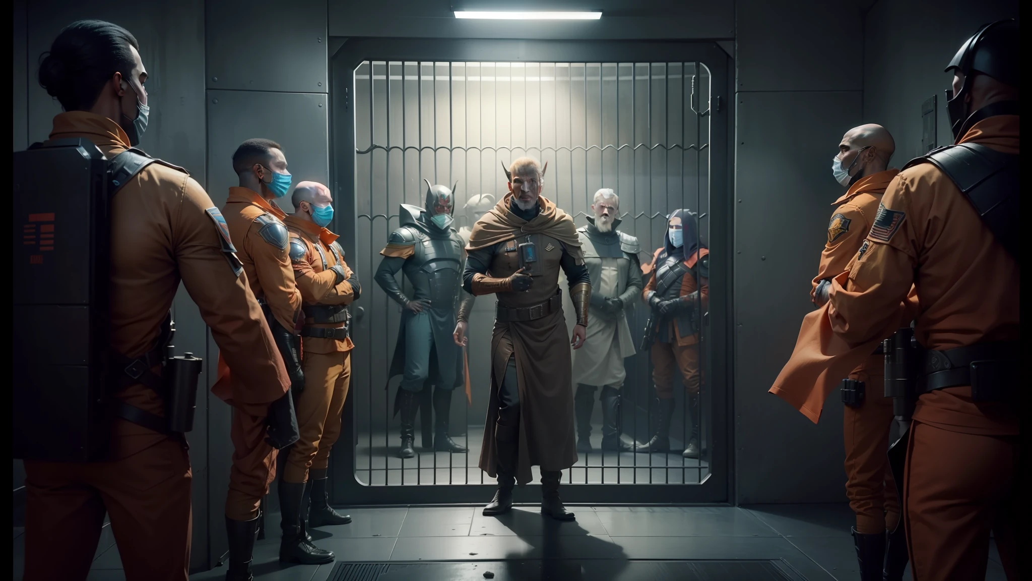 there are many people in orange uniforms standing in a jail cell, screenshot from morbius (2022), film still from movie dune-2021, promotional images, scene from dune 2 0 2 1 movie, still from marvel movie, baraka, from netflix's arcane, still from movie dune, film still from dune 2020 --auto --s2