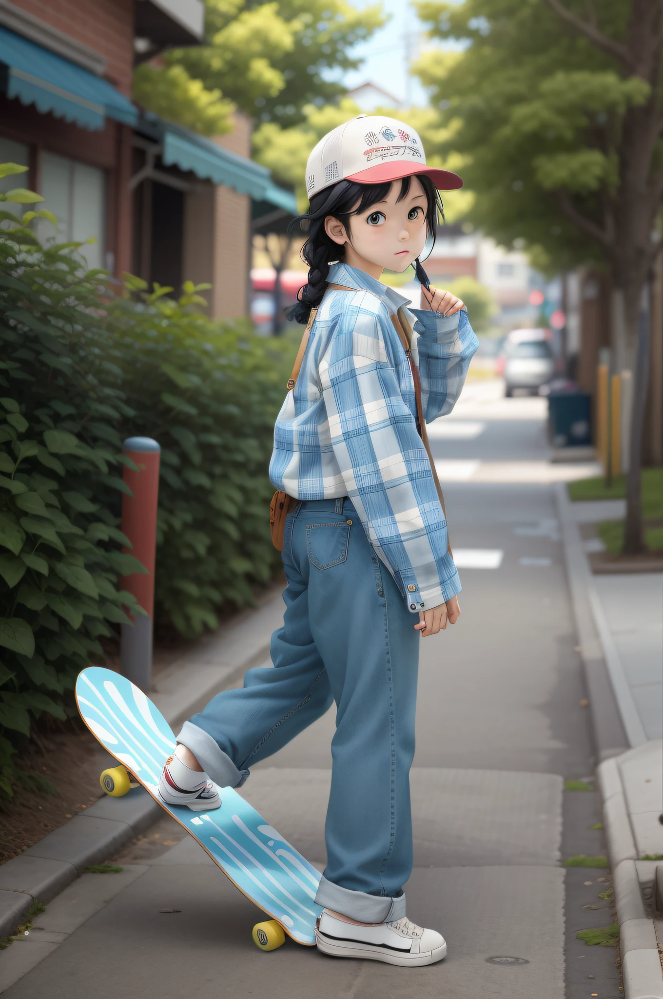 There is a riding skateboard on sidewalk, blue and white plaid shirt and light blue jeans, anime girl cosplay, casual clothing style, black hair, black eyes, anime, ghibli, anime style, close up, from side, first-person perspective, 8k, super detail, masterpiece, super detail, high quality, high resolution, face detail, happiness, twist braid, hayao miyazaki style, new sea city style