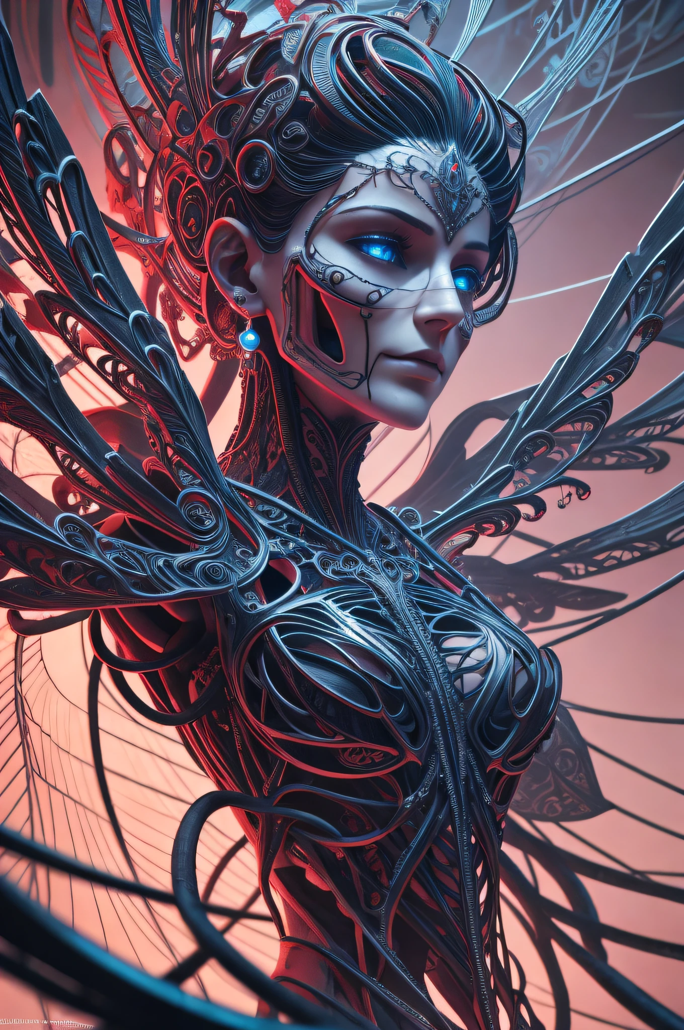 Intricate 3D Rendering Ultra Detailed Beautiful Angel of Death, Biomechanical Robot, Simulated 150mm Lens, Beautiful Natural Soft Rim Light, Neon Veins, Roots, Delicate Leaf Lace, Colorful Details, Boris Bidjan Saberi Costume, Pearl Earrings, Piercings , art nouveau fashion embroidery, intricate details, mesh lines, mandelbrot fractals, facial muscles, cables, microchips, thugs, surreal, octane, volumetric lighting, 8k and post production, red white with a bit Black, metal skull detail, half human figure, iridescent, Glenn Brown style, futuristic room, god power, high angle shot, complex body poses