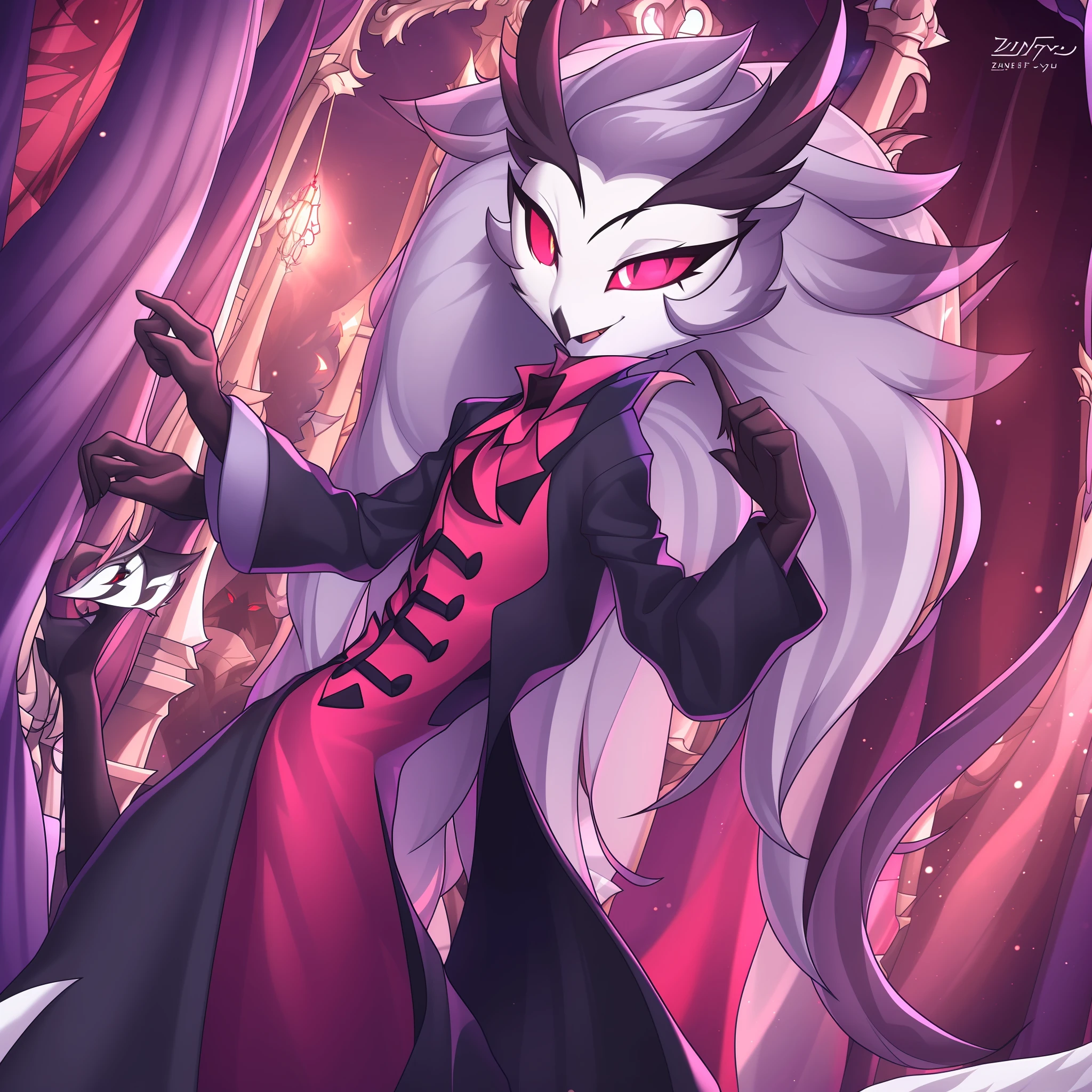 by zinfyu, detailed background, palace in the background \(helluva boss\), owl demon, dark body, red eyes, tail feathers, malegoetia, male, solo, absurd ress, detailed suit, detailed cover, formal wear, formal wear, big hair