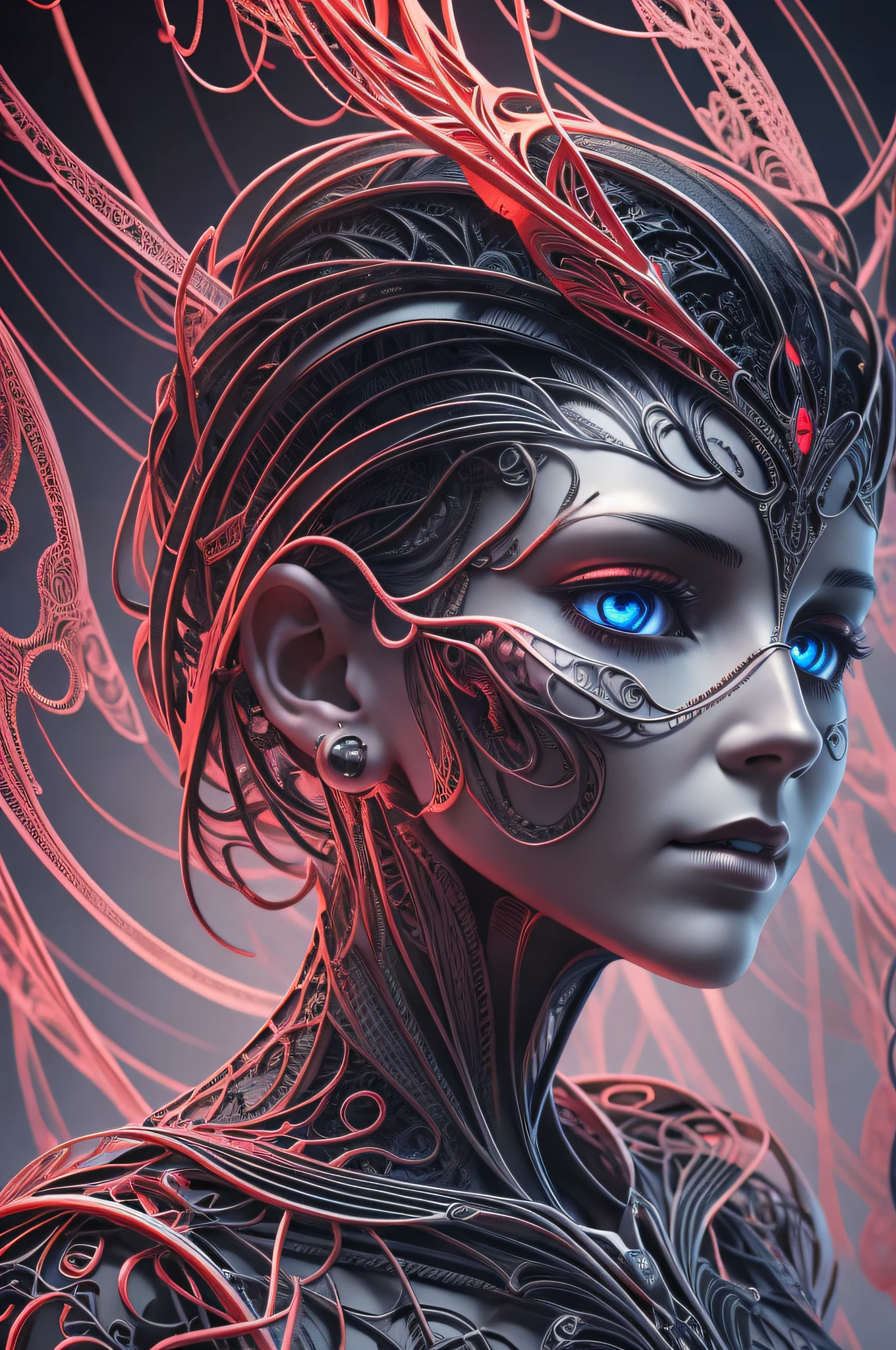 Intricate 3D Rendering Ultra Detailed Beautiful Angel of Death, Biomechanical Robot, Simulated 150mm Lens, Beautiful Natural Soft Rim Light, Neon Veins, Roots, Delicate Leaf Lace, Colorful Details, Boris Bidjan Saberi Costume, Pearl Earrings, Piercings , art nouveau fashion embroidery, intricate details, mesh lines, mandelbrot fractals, facial muscles, cables, microchips, thugs, surreal, octane, volumetric lighting, 8k and post production, red white with a bit Black, metal skull detail, half human figure, iridescent, Glenn Brown style, futuristic room, god power, high angle shot, complex body poses