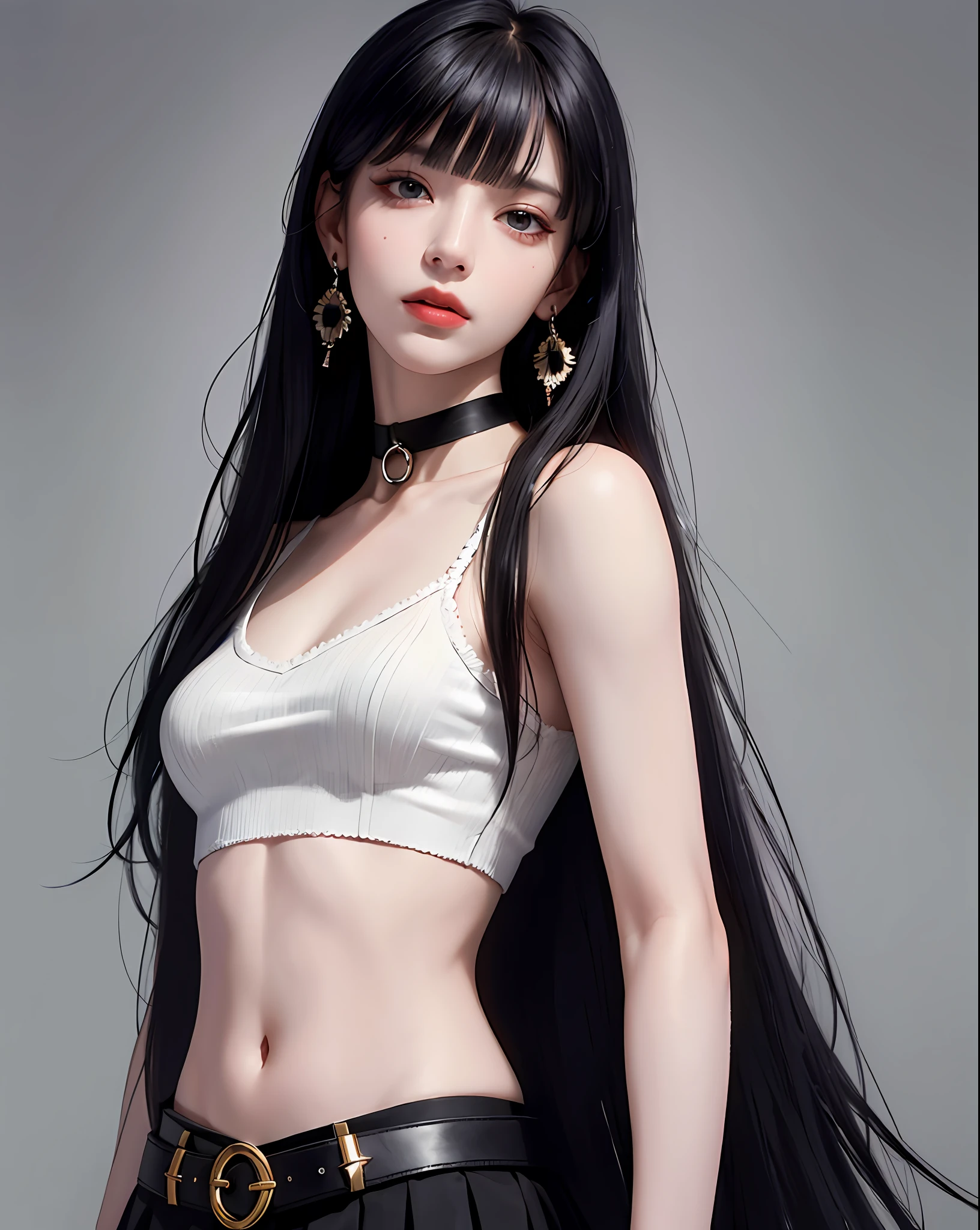 (masterpiece, best quality, 1girl, solo, intricate details, chromatic aberration), (realistic),(skin), ((breath)),(black hair,blunt bangs),detailed hair, red head ornament, blue highlights, hair over one eye,black eyes, small earrings, sharp eyes, choker,((black crop top )),(black skirt),(belt),open waist,(symmetry eyes),(perfect symmetrical body), night,(((natural light))),backlighting,against grey wall, dim lighting ,look at viewer,((centered shot, from front,(face and waist)))