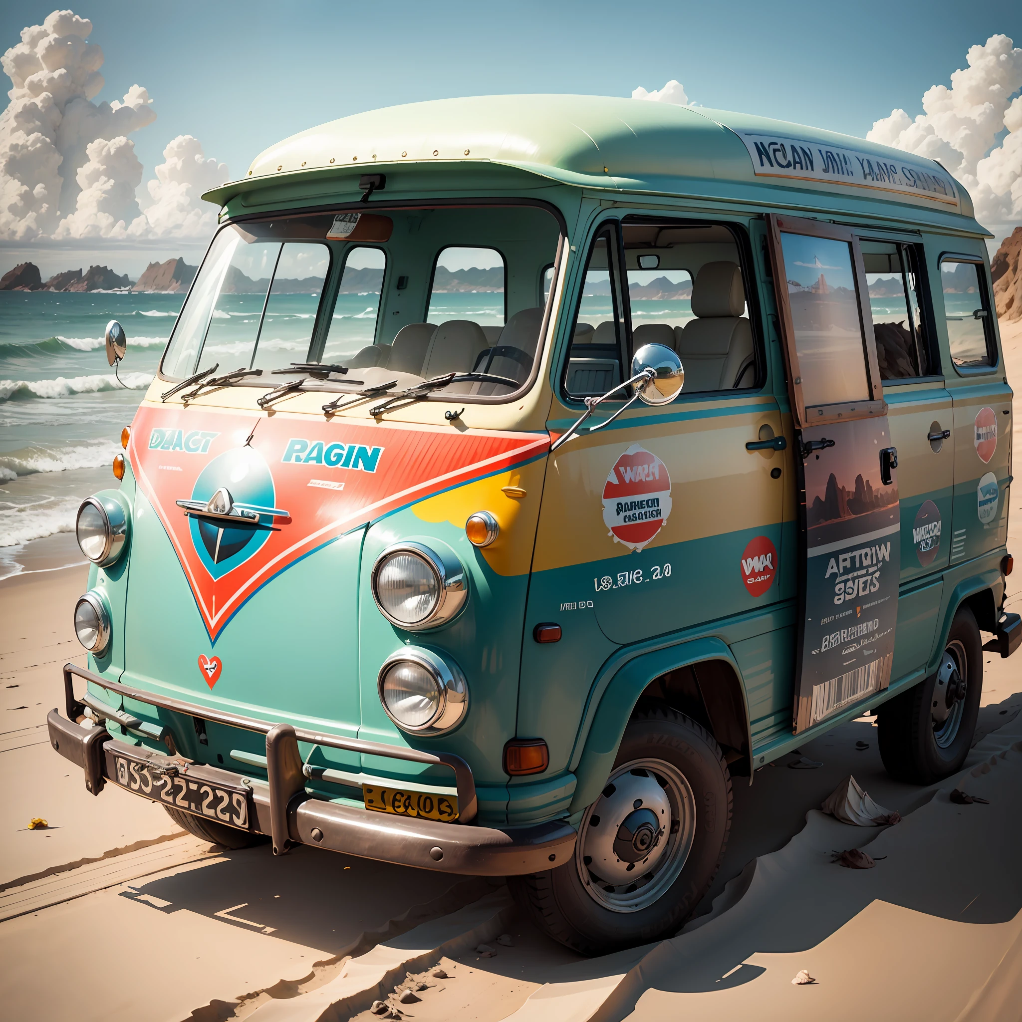 Wagen van running on the beach, Wagen van paint is mainly I Left My Heart in San Francisco, the side of the wagen van is painted in the Lignesclair style, bright image American pop art, delicate details, detailed background, delicate design, high quality, high quality, high resolution, 8K, masterpiece --auto --s2