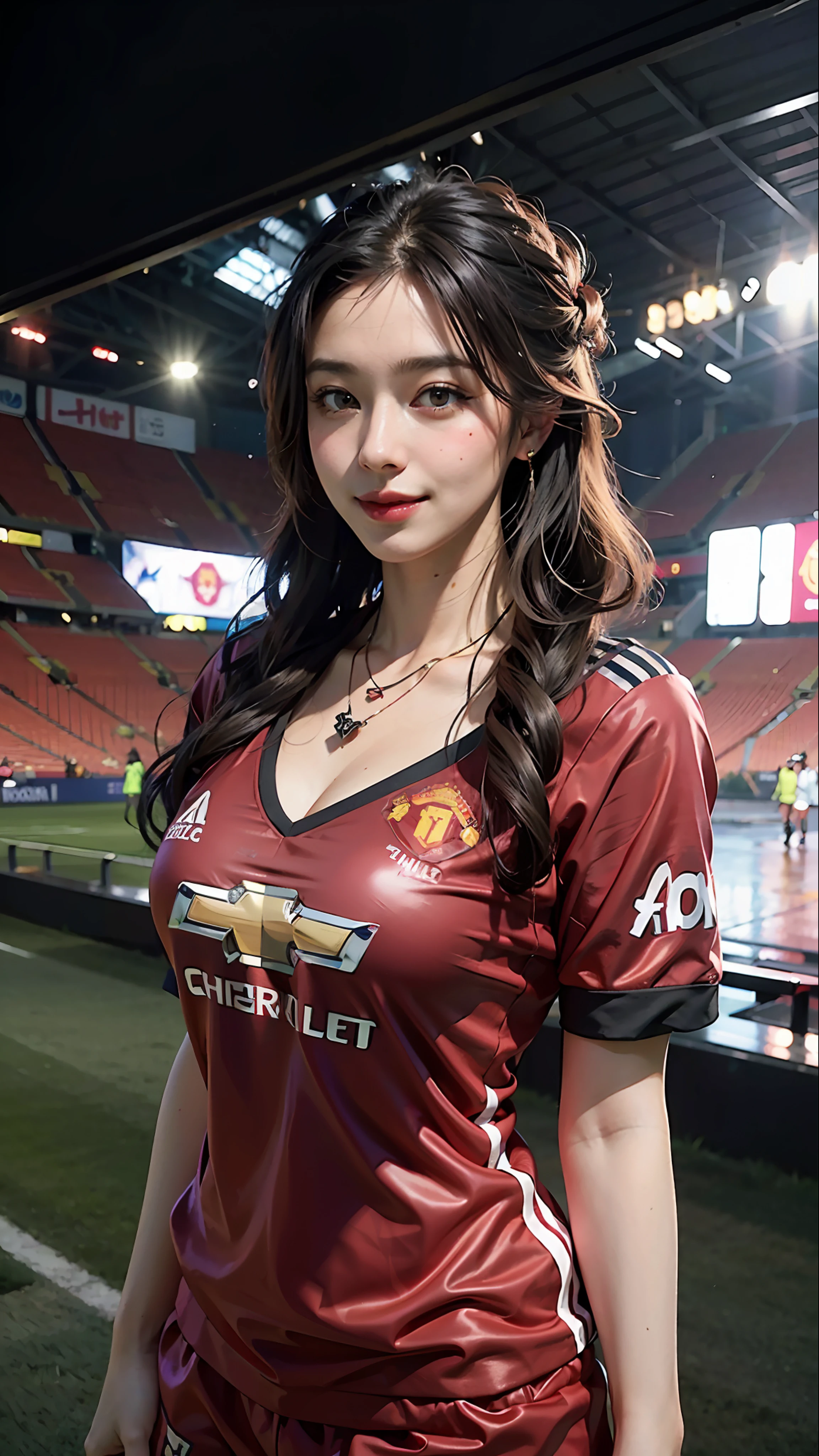 1girl, long hair, hairstyle, blush, lovely smile, ((Manchester United soccer jersey)), big breasts, (curvy), professional make-up, necklace, Old Trafford stadium, (cyberpunk), dynamic light, dynamic angle,