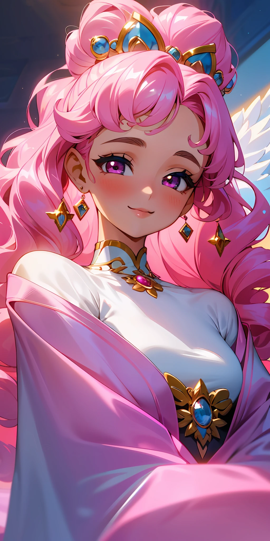 (best quality, masterpiece, ultra-realistic), portrait of 1 beautiful and delicate girl, with a soft and happy expression, Pink jeweled eyes, blush, curly fluffy hair, heavenly aroma, beautiful, lots of acccesseries, unique character design, brght
Character : a very attractive woman with pink jeweled eyes. She has a rosy blush, curly, fluffy hair and a beautiful smile. She dresses in heaven-like robes and her features make her unique. She is a woman without comparison in her beauty and grace, and she inspires others to follow her into the realms of creativity and innovation. She is someone that will always make your day brighter and who will inspire you to do great things.