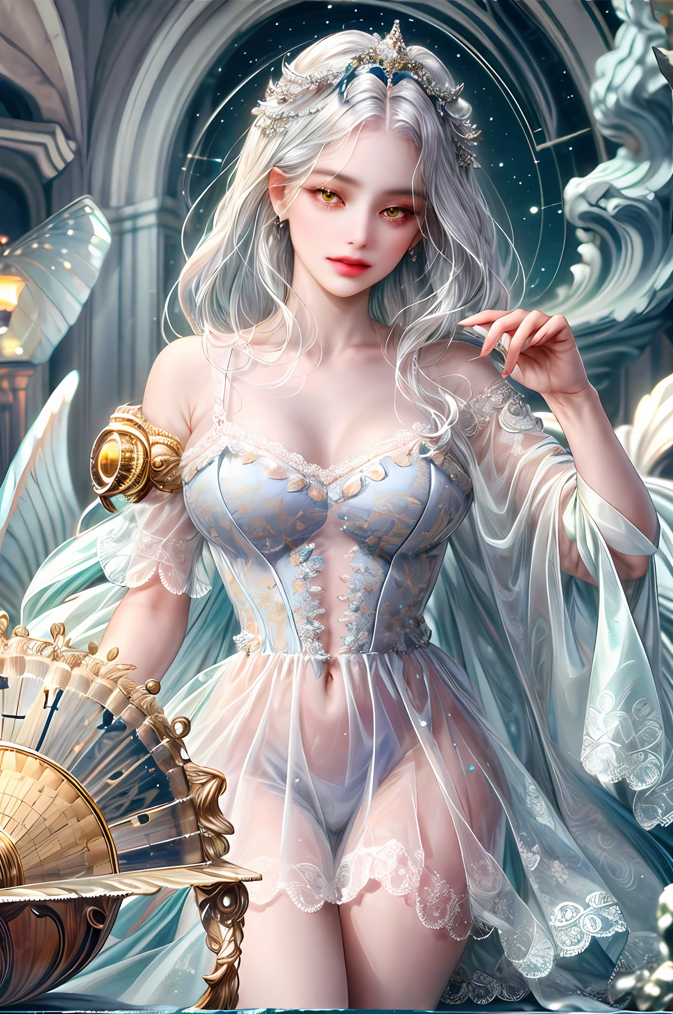 ( High quality , ultra detailed, careful with hand )Zodiac - Libra goddess , similar to latin goodness . Fair, wise, helpful, friendly face . Superficial, indifferent, vain, love of convenience style ,  yellow eyes(eyes detail), dark white hair , transparent dress , in the ocean with balance scales , whole body , charming make up look ,