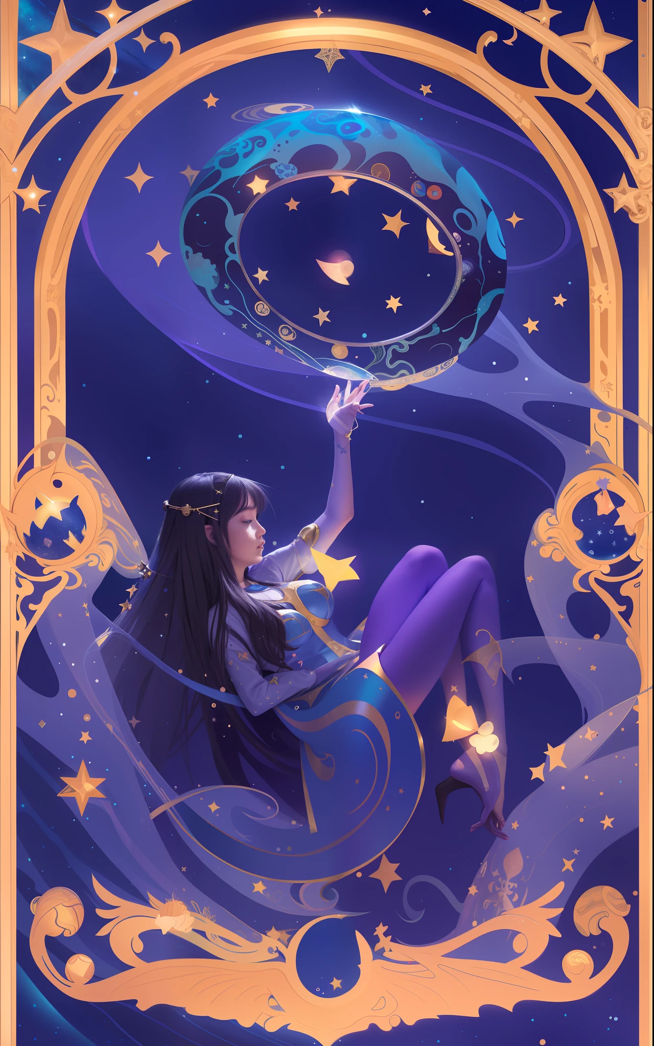 Anime character framed with starry sky background, anime Art Nouveau space display, official fan art like tarot card, [tarot card]!!!!!, Jen Barthel, Celestial Witch, Secret Art Style, Beautiful Celestial Mage, Goddess of Space and Time, Official Art, Star Tarot Card, Art Nouveau Anime, Floating in Space, There Is a Woman Who Drowns in Water, Anime Modern Space Display,  like Tarot Card, Major Arcana Mason Star, Beautiful Water Magician, Star Tarot Card, Secret Art Style, [Tarot Card]!!!!!, Water Witch, Tarot Card Art, Tarot Card Design, Mona, Genshin Impact, Magic Circle, Magic Circle, Writing, Girl Reaches for Circle, Tone T Girl in Water, Girl Holding Star, Water with Stars, Cosmic Water, Fish, Space Fish, Mysterious Atmosphere,  Jellyfish Sanctuary Virgo, Moon Goddess, Ocean Goddess, Medusa Priestess, Anime Goddess, Jellyfish Temple Virgo 8k like tarot card, girl holding the moon, golden frame in front, moon behind girl, waves, girl standing in waves, fog behind girl, city in the background, flat style, lot of details, sinks, falls, back down, profile, stars, waves, space