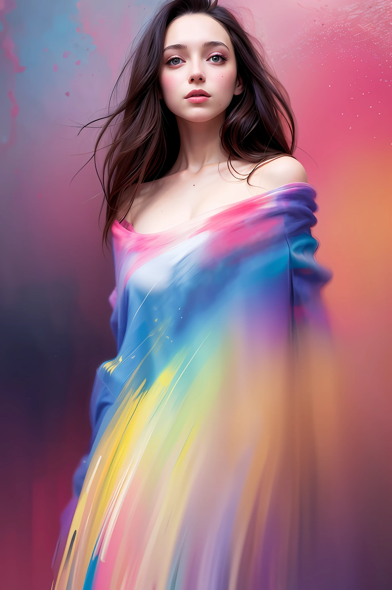 An American brunette by Agnes Cecile, luminous design, pastel colors, paint drips, autumn lights