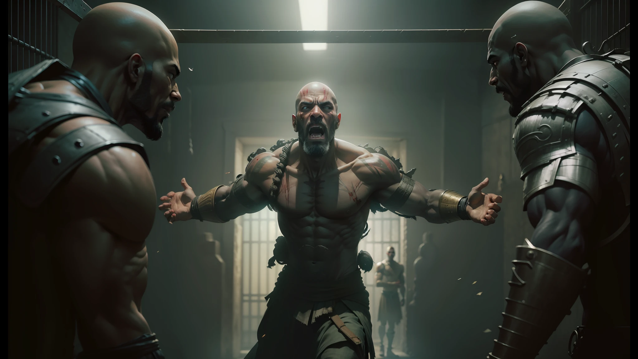 arafed man in a prison with two other men, baraka, in screenshot from the 300 movie, from netflix's arcane, movie still of cyborg, arcane from netflix, blood and bone, promotional images, film still from god of war, the best on cgsociety, movie still of a snarling, cinematic cgsociety, monk, prison city --auto --s2