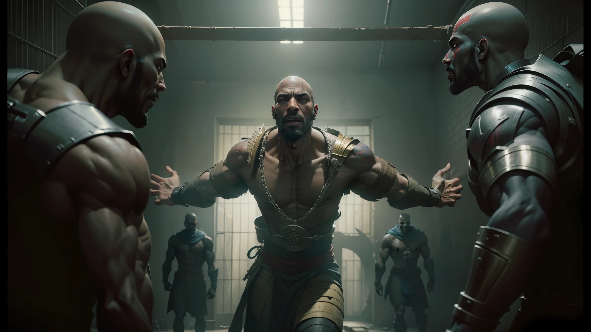 arafed man in a prison with two other men, baraka, in screenshot from the 300 movie, from netflix's arcane, movie still of cyborg, arcane from netflix, blood and bone, promotional images, film still from god of war, the best on cgsociety, movie still of a snarling, cinematic cgsociety, monk, prison city --auto --s2