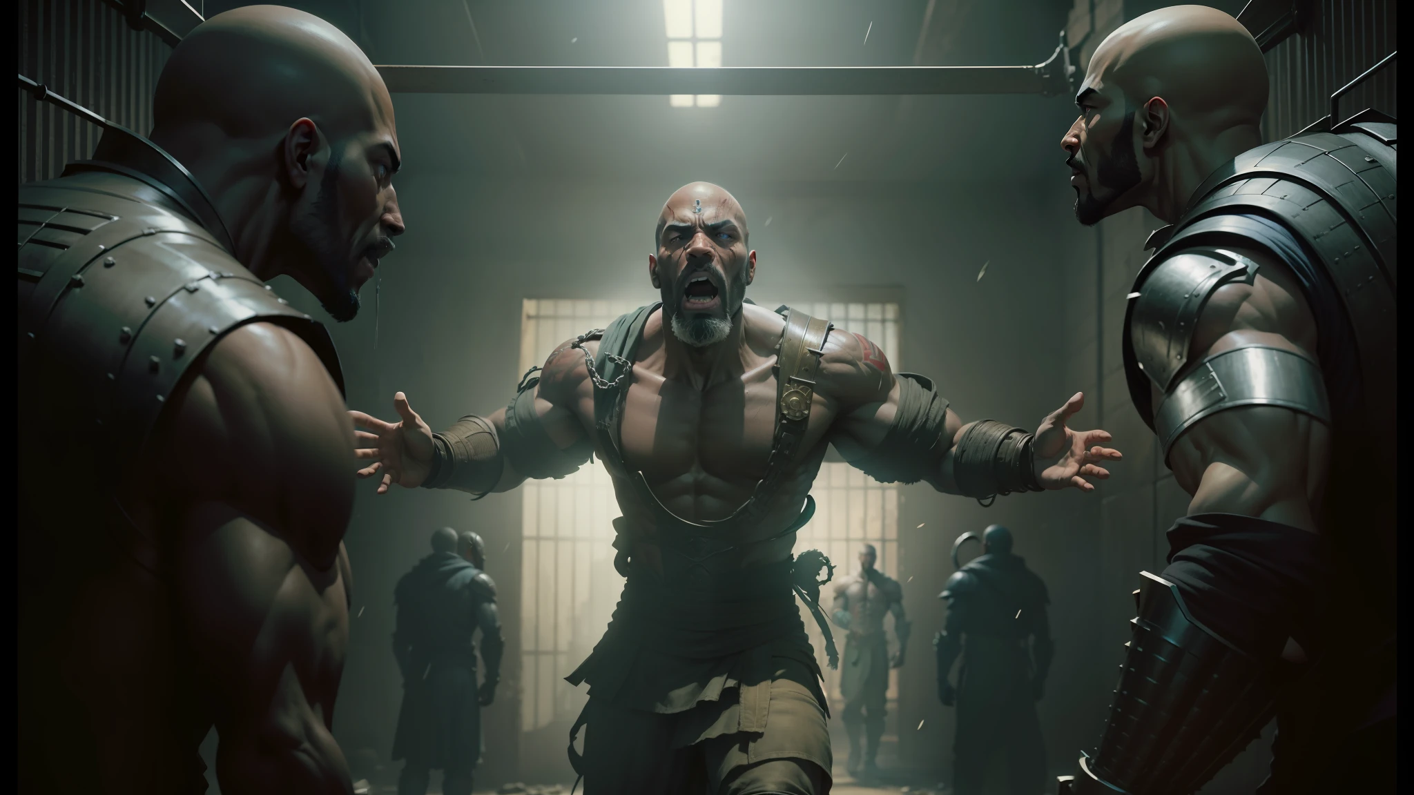 arafed man in a prison with two other men, baraka, in screenshot from the 300 movie, from netflix's arcane, movie still of cyborg, arcane from netflix, blood and bone, promotional images, film still from god of war, the best on cgsociety, movie still of a snarling, cinematic cgsociety, monk, prison city --auto --s2
