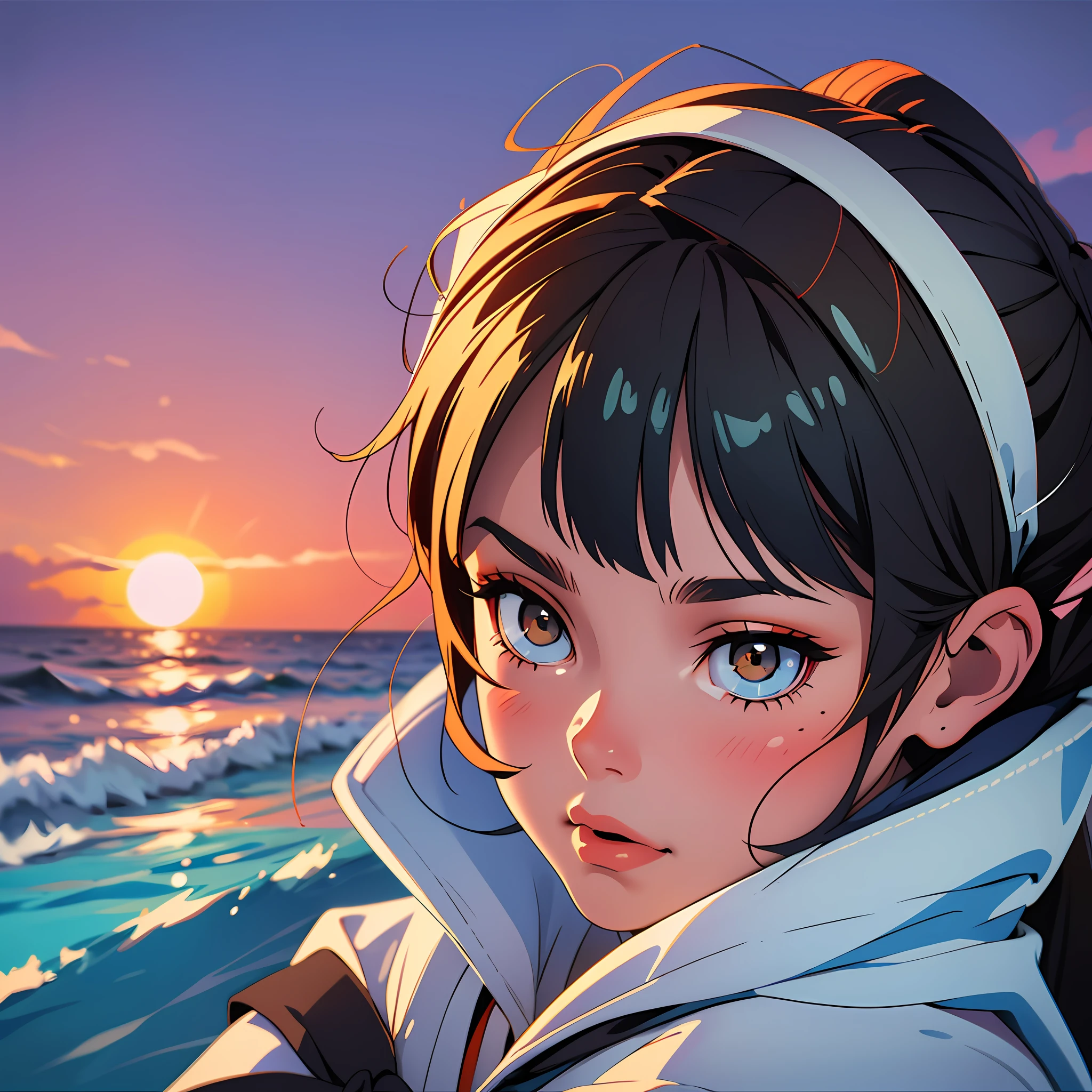 (Close-up: 1.5, HD: 1.2, sailor suit), (girl: 1.2, temperamental: 1.3), (1girl), cold, long black hair, beach, sunset, colors are simple and not bright,