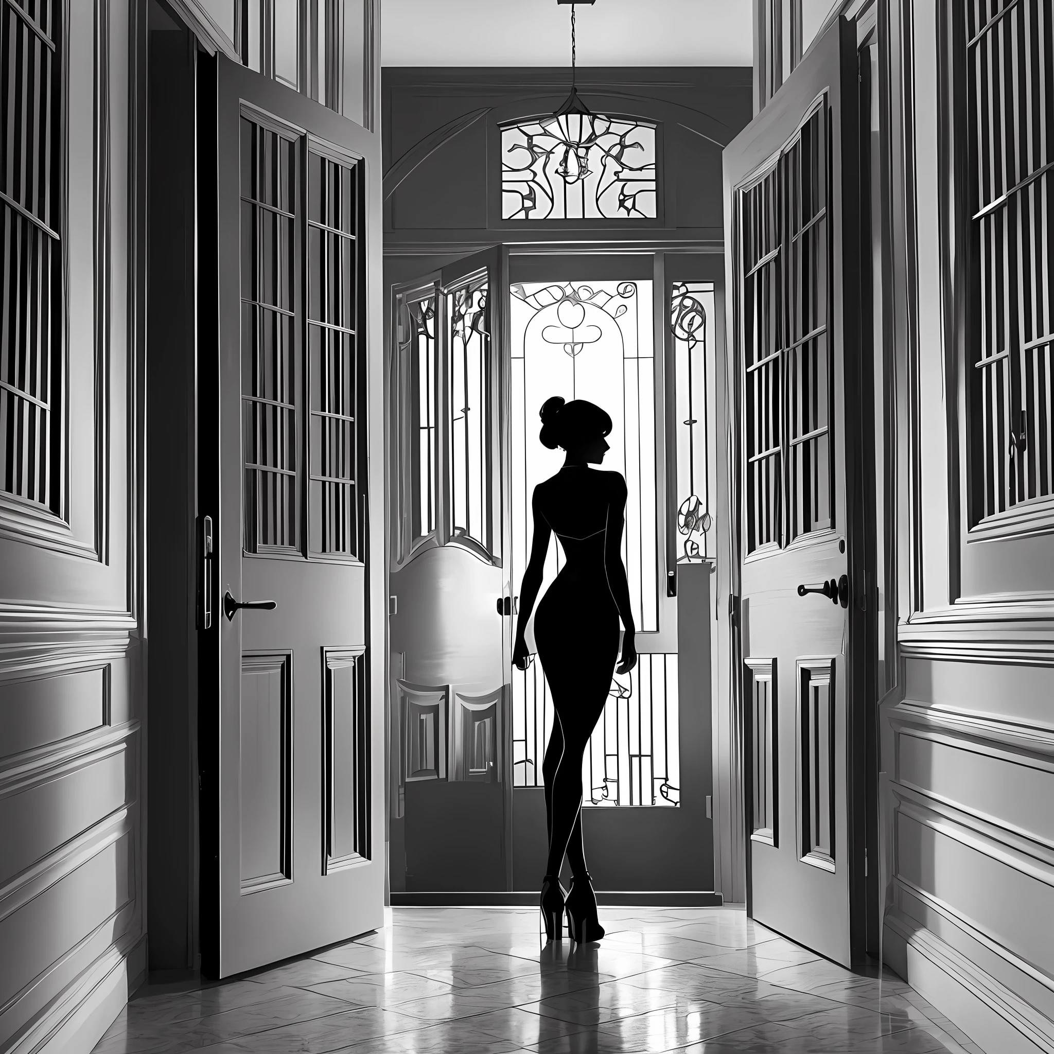 Arapei silhouette a woman standing in the doorway in high heels, perfect female body silhouette, beautiful female body silhouette, silhouette !!!, silhouette, tall slender, black silhouette, silhouette: 7, silhouette, silhouette, woman silhouette, leaning against the door, sultry and beckoning, slender figure, single silhouette, young sexy elegance, detailed silhouette, black and white --auto --s2