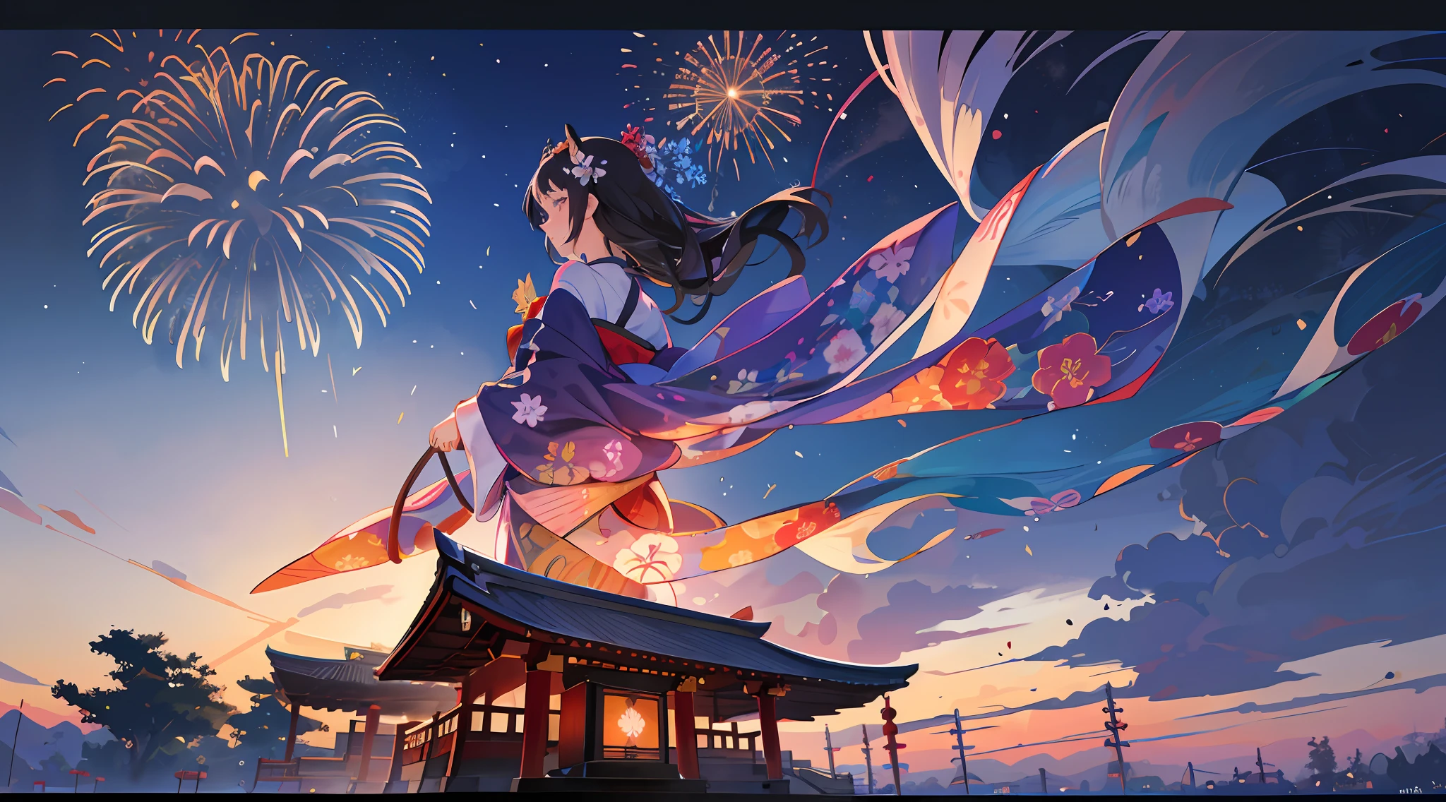 Top quality, masterpiece, intricate details, 1girl, subaru_kimono, (cute girl, yukata, morning glory, black hair), ((fireworks)),(wind chimes,goldfish,bubbles),hair bows, hair flowers, garden, summer, ((outdoor)), (East Asian architecture: 0.6), backlit, diffused lighting, smiles, traditional Japan Japanese atmosphere: 1.2),(Sunset: 1.1))