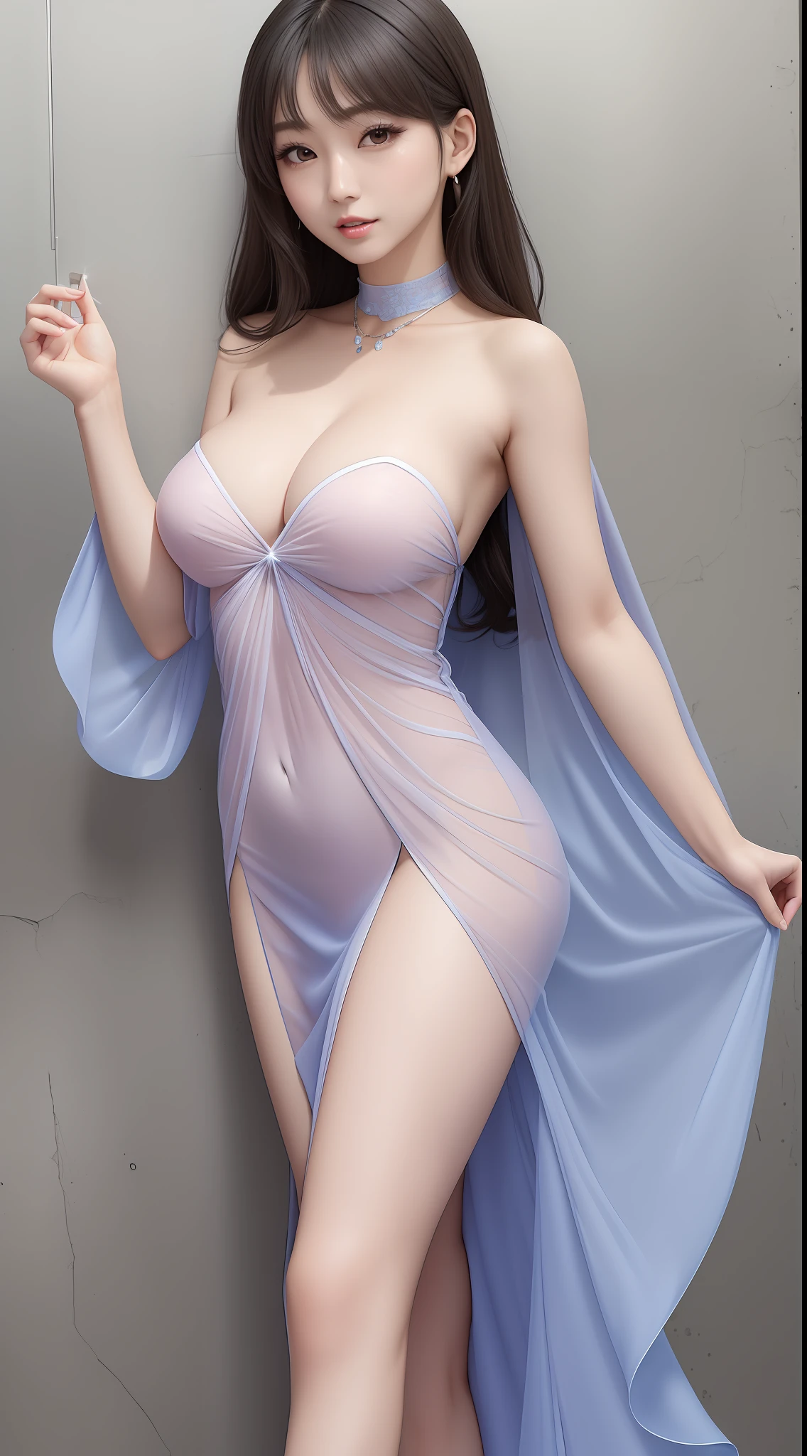 Fashion trendy beautiful, gentle and charming Taiwanese lady, (jpop idol), (big breasts), (areolas slip), delicate and sexy collarbone, oval face, double eyelids, smart peach blossom eyes, pink lips, small nose, bare shoulders, focus on the face, close-up of the face, Ultra-high-definition, super-detailed, full-body photo, ultra-thin and light-transmitting, Platinum-blue((strapless))minidress, sleeveless, fresh and good, and (see through, sheer fabrics:1.05), (NSFW:1.05)