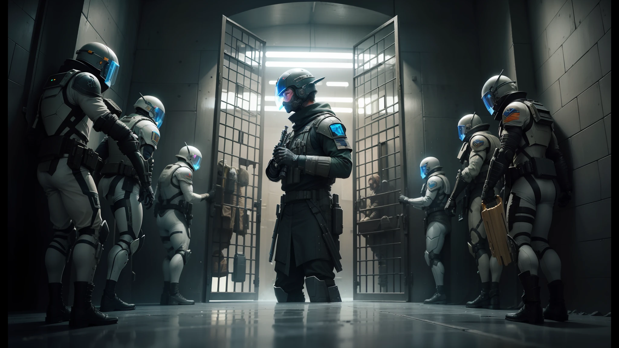 arafed image of a group of soldiers standing in a prison cell, still from movie dune, film still from movie dune-2021, death and robots two in the void, still from alita, eve online movie still, from the tusk movie, scene from dune 2 0 2 1 movie, from netflix's arcane, biopunk futuristic wardrobe --auto --s2
