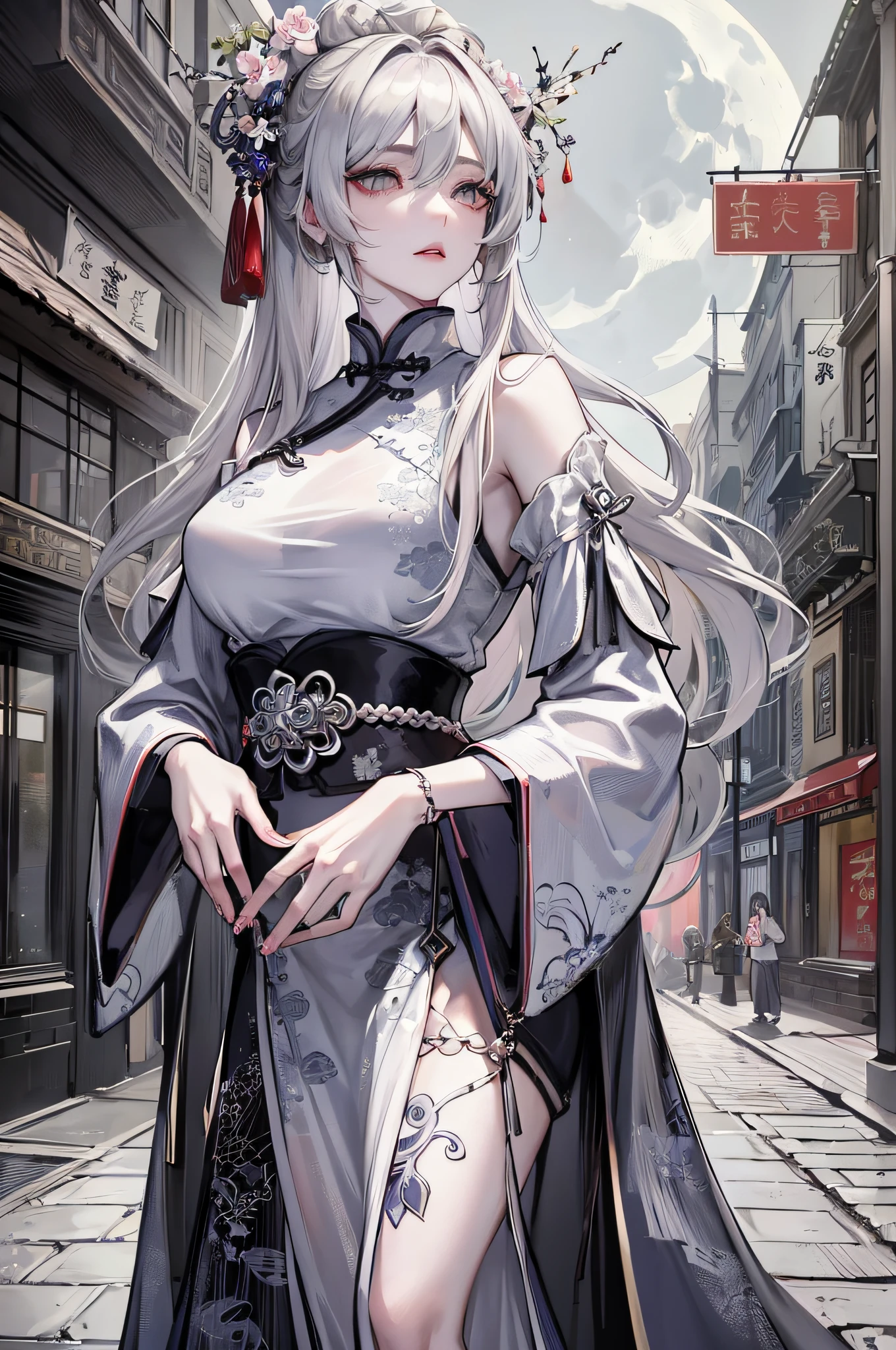 Masterpiece, Best, Night, Full Moon, 1 Female, Mature Woman, Chinese Style, Ancient China, Elder Sister, Royal Sister, Cold Face, Expressionless, Silver White Long Haired Woman, Pale Pink Lips, Calm, Intellectual, Three Belts, Gray Hitomi, assassin, dagger, flower ball background, street view