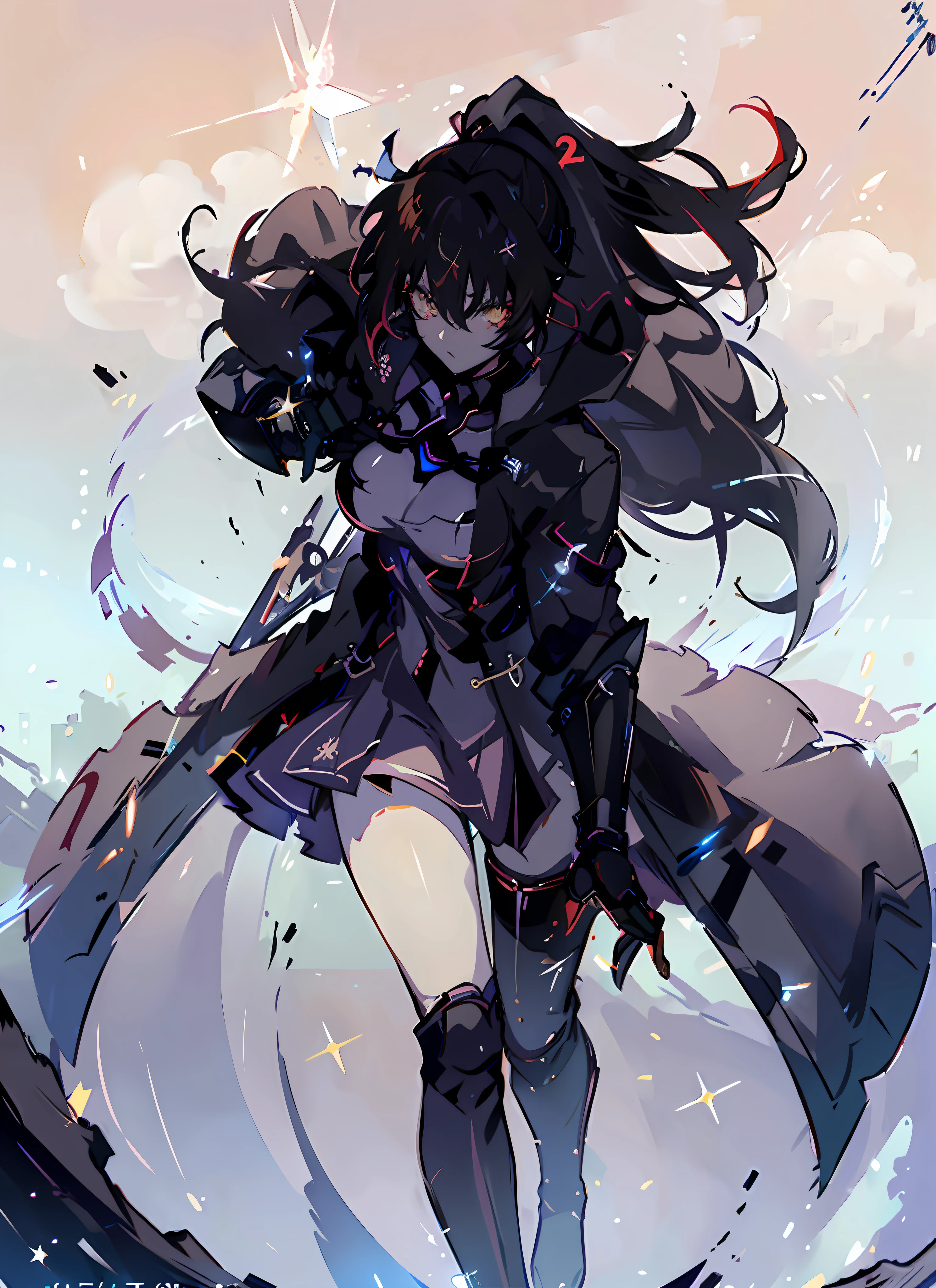 ((Girl)), ((Gorgeous Starry Sky Background)), ((Ultra Definition)), ((Best Illustration)), ((Cinematic Lighting)), Dynamic Angle, Floating, Detail, (Glitter: 1.2), (Shine: 1.2), (Shine: 1.2), Classic, (Paint: 1.1), (Sketch: 1.1), (Best Quality), (Masterpiece: 1.2), (Anime-style), ( Solo), Beautiful Detail Face, (Big Eyes: 1.3), black Hair, (ponytail Hair: 1.2), (Floating Hair: 1.2), (Suit), Detailed Costumes, (Shining Sword: 1.3), (Magic Effects: 1.3), (Cute Boots: 1.1), (Transparent Fabric: 1.1), (Glitter: 1.2), (Glow: 1.2), (Glow: 1.2), (Shine: 1.2), (Flicker: 1.2), (Dazzle: 1.2), big breasts, full body, black and red samurai armor, yellow eyes