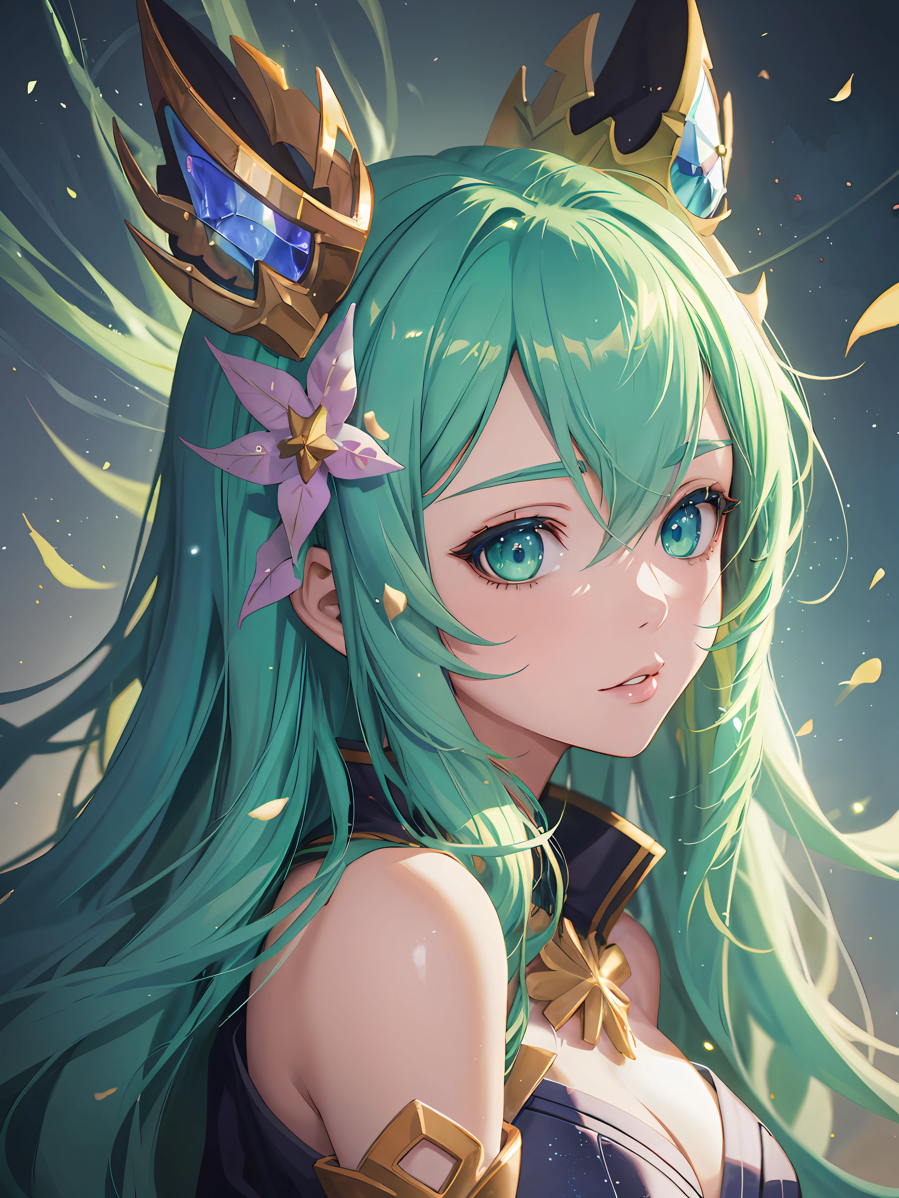 anime girl with green hair and blue eyes wearing a crown, extremely detailed artgerm, artgerm on artstation pixiv, portrait knights of zodiac girl, detailed digital anime art, ! dream artgerm, artgerm lau, artgerm detailed, ig model | artgerm, artgerm. high detail, fanart best artstation