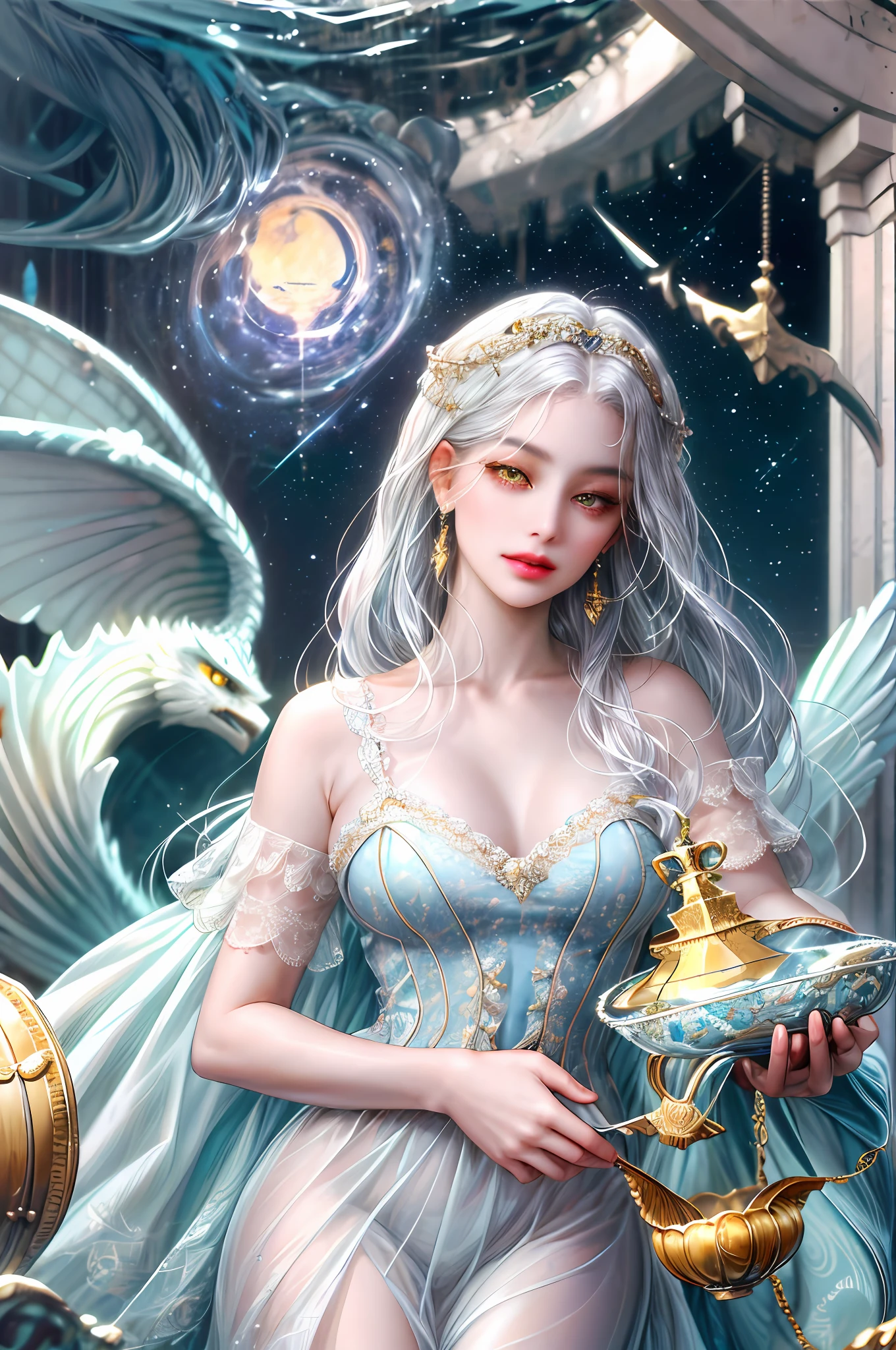 ( High quality , ultra detailed, careful with hand )Zodiac - Libra goddess , similar to latin goodness . Fair, wise, helpful, friendly face . Superficial, indifferent, vain, love of convenience style , yellow eyes(eyes detail), dark white hair , transparent dress , in the ocean with balance scales , whole body , charming make up look ,