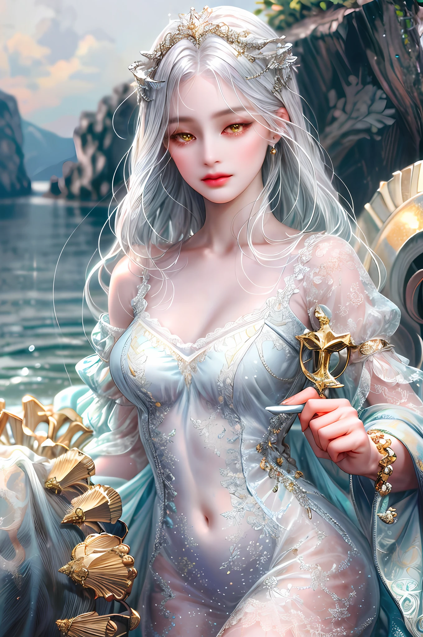( High quality , ultra detailed, careful with hand )Zodiac - Libra goddess , similar to latin goodness . Fair, wise, helpful, friendly face . Superficial, indifferent, vain, love of convenience style , yellow eyes(eyes detail), dark white hair , transparent dress , in the ocean with balance scales , whole body , charming make up look ,