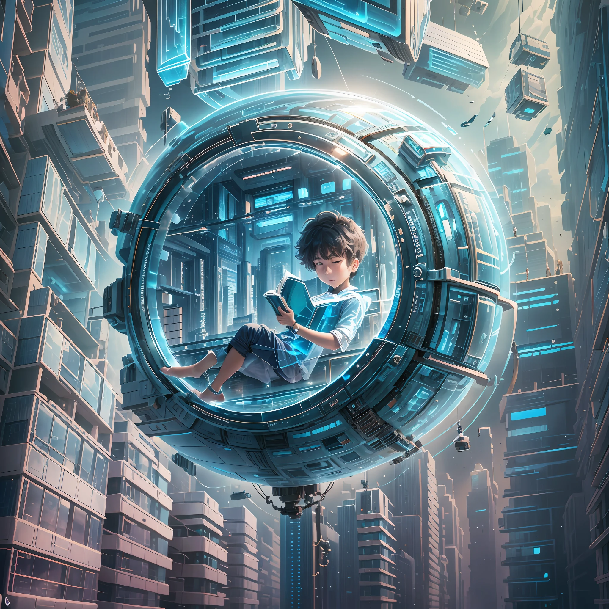 Suspended in a future capsule, a junior high school boy is reading a book to learn artificial intelligence A course blue hue bubble mart blind box movie, cubepunk, hovercar style, car, flying, air, city, street, through air, driving, high, building, sci-fi, cityscape C4D oc renderer --auto --s2