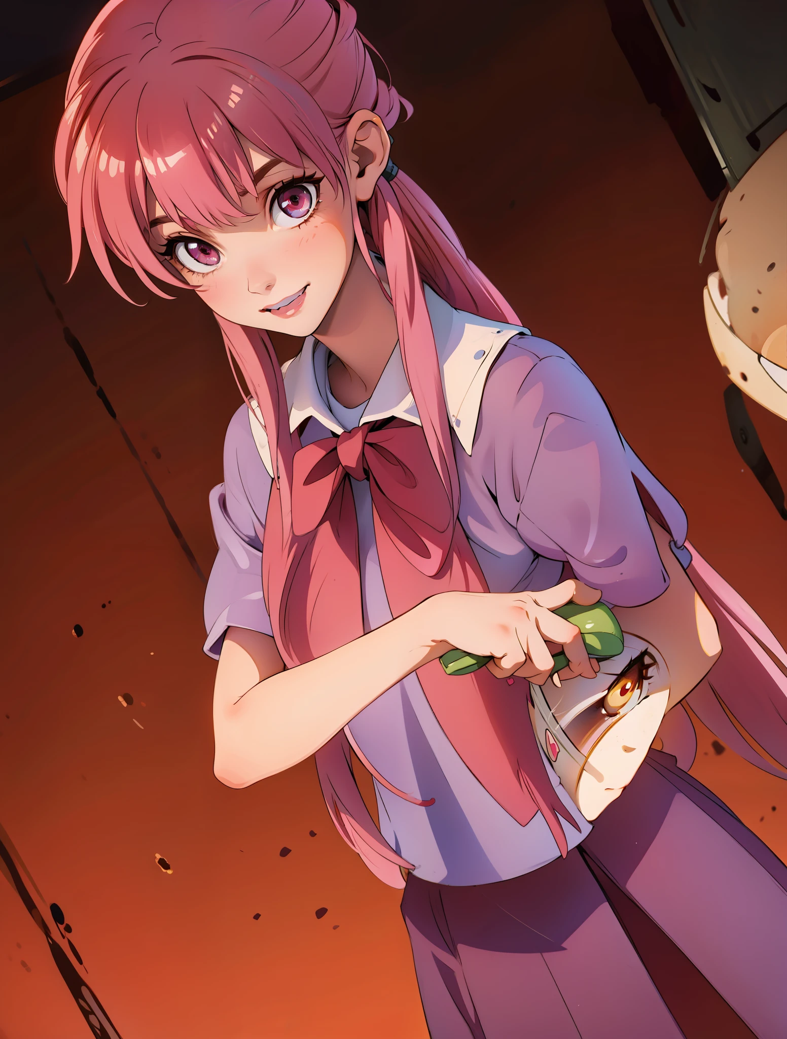 Gasai Yuno, round and smiling face, light pink eyes and hair