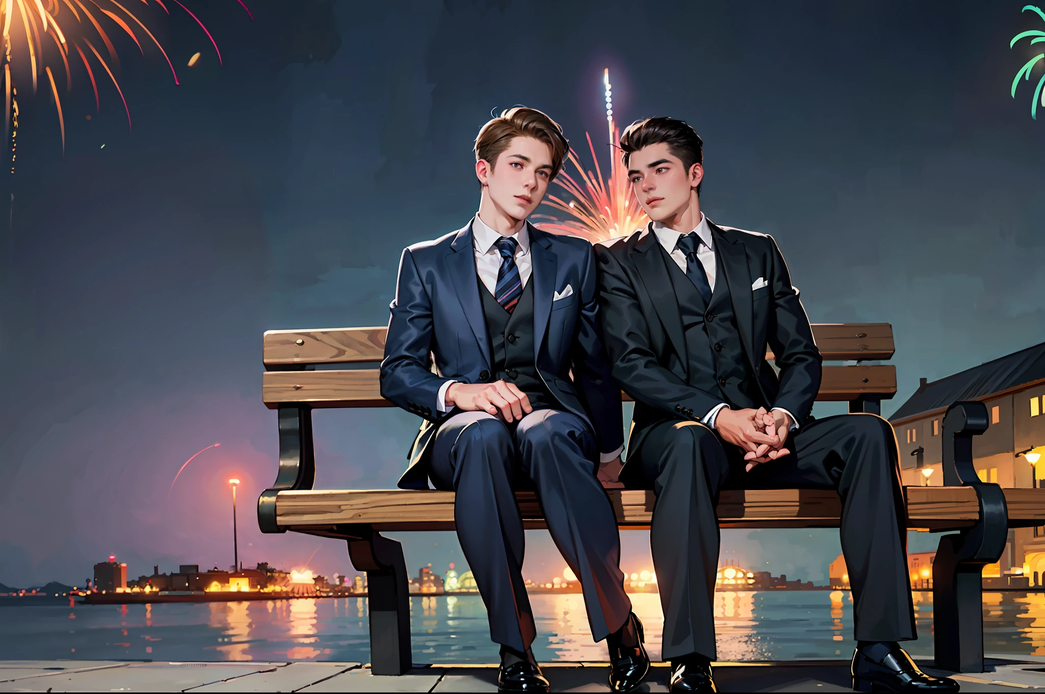 Realistic, detailed, 2 young men in suit, suit, man, on the pier, sitting on a bench, cuddled, lewd look, pier with fireworks in the background, at night, detailed face, detailed hair, detailed hands, detailed legs, detailed eyes, detailed skin, dynamic lighting, detailed face, detailed hands, detailed legs, detailed fingers, detailed hair, detailed eyes, detailed skin, dynamic lighting, (photorealistic: 1.4), 8k uhd, (hyper realistic), (photorealistic), (masterpiece), (best quality)