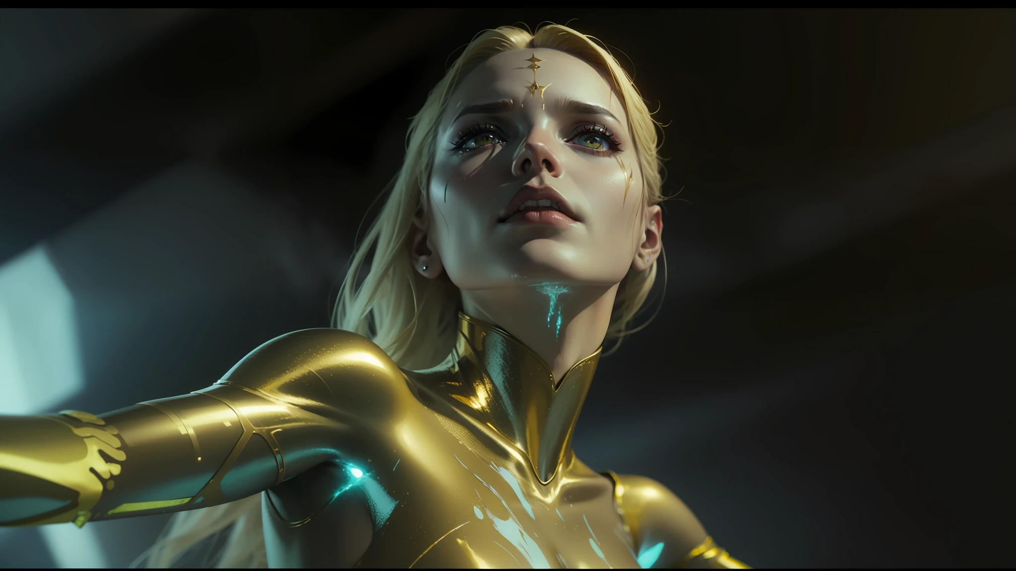 a close up of a woman with a body painted gold, gold bodypaint, eve online movie still, golden bodypaint, movie still of a villain cyborg, yelena belova, still frame from prometheus, frame from prometheus movie, abbey lee kershaw as emma frost, in metal hurlant, movie still of a alien cyborg, metal hurlant --auto --s2
