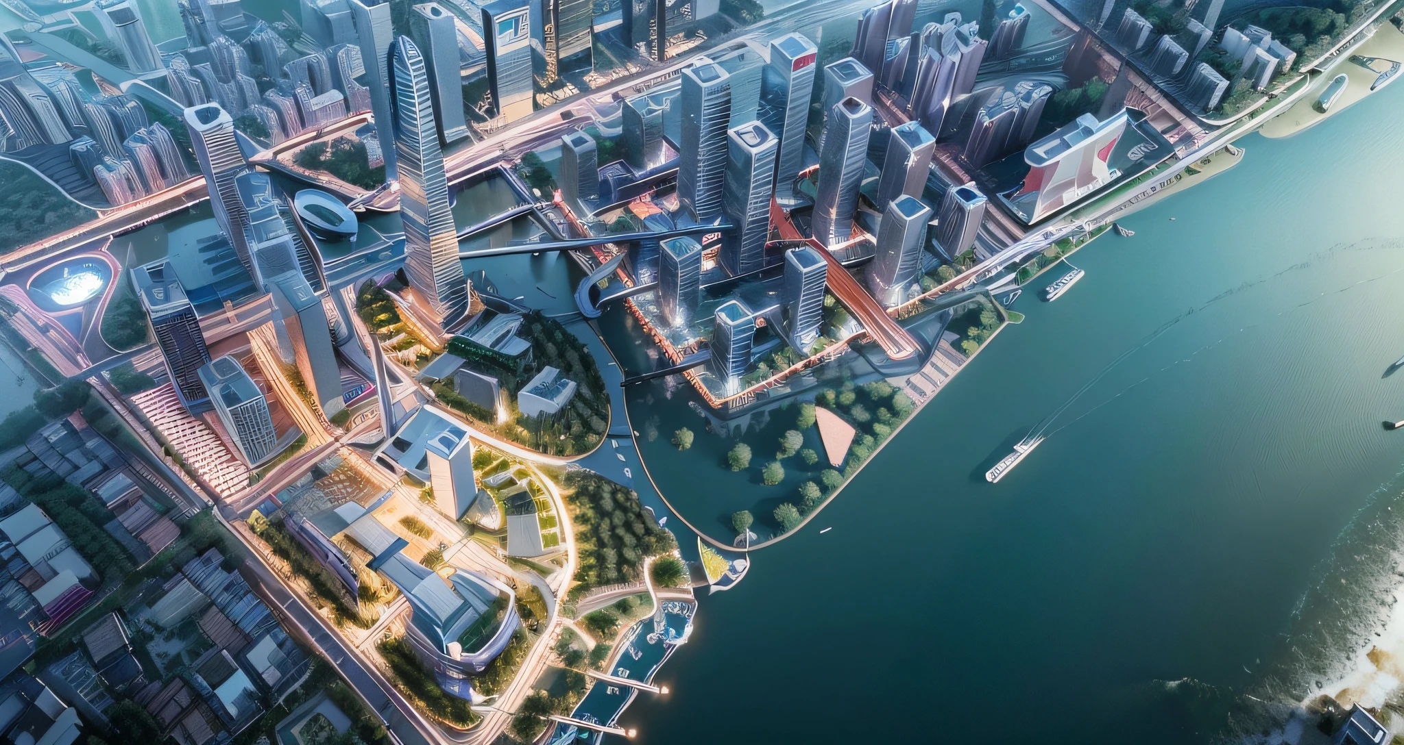 City skyline view, a river in the foreground, Guangzhou city, Guangzhou, China, skyline display, skyline, from China, trend, 3D model HD rendering, architectural rendering, Unreal Engine rendering, surrealism, skyscrapers, soothing tones, chinese dreamland, octane rendering, spectacular clouds, fantasy clouds. Huancheng, Guangzhou Financial City. Chinese architecture,. The bustling tech building is beyond imagination, visionary (wide-angle lens), ultra-high quality, and enhanced detail. Extremely detailed CG Unity 8k wallpapers, aesthetics, award-winning photography, realism, high detail, intricacies, art of travel, realistic 3D animation style, landscape concept art, ultra-high resolution (realism: 1.6), aesthetics, focus, high quality, vivid colors, stunning reflections, crystal clear water, award-winning photography, 3D lighting and beautiful cinematic lighting. Rich detail, aerial view, top view, bird's nest oval building, realism, night, SLG main city
