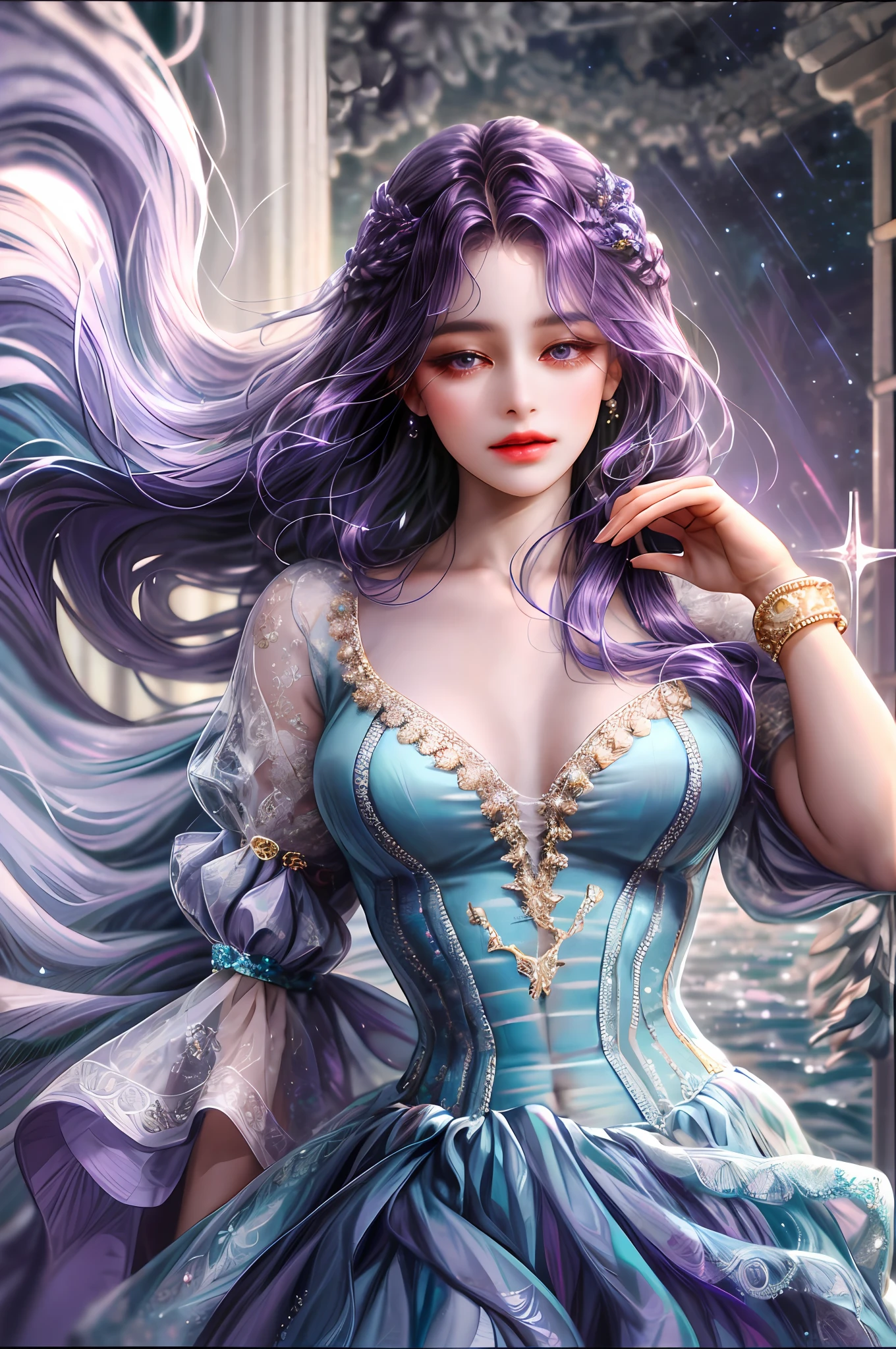 ( High quality , ultra detailed to hand )Zodiac sign-scorpio goddess , similar to latin goodness , cute but sexy and brave face , Emotional, determined, inquisitive, industrious style . deep purple hair , long wavy hair , crystal purple eyes , transparent dress , in the ocean with lavenders , whole body , dark make up look ,